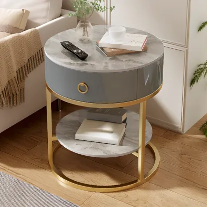 White Round Marble End Table with Storage for Living Room Image - 20