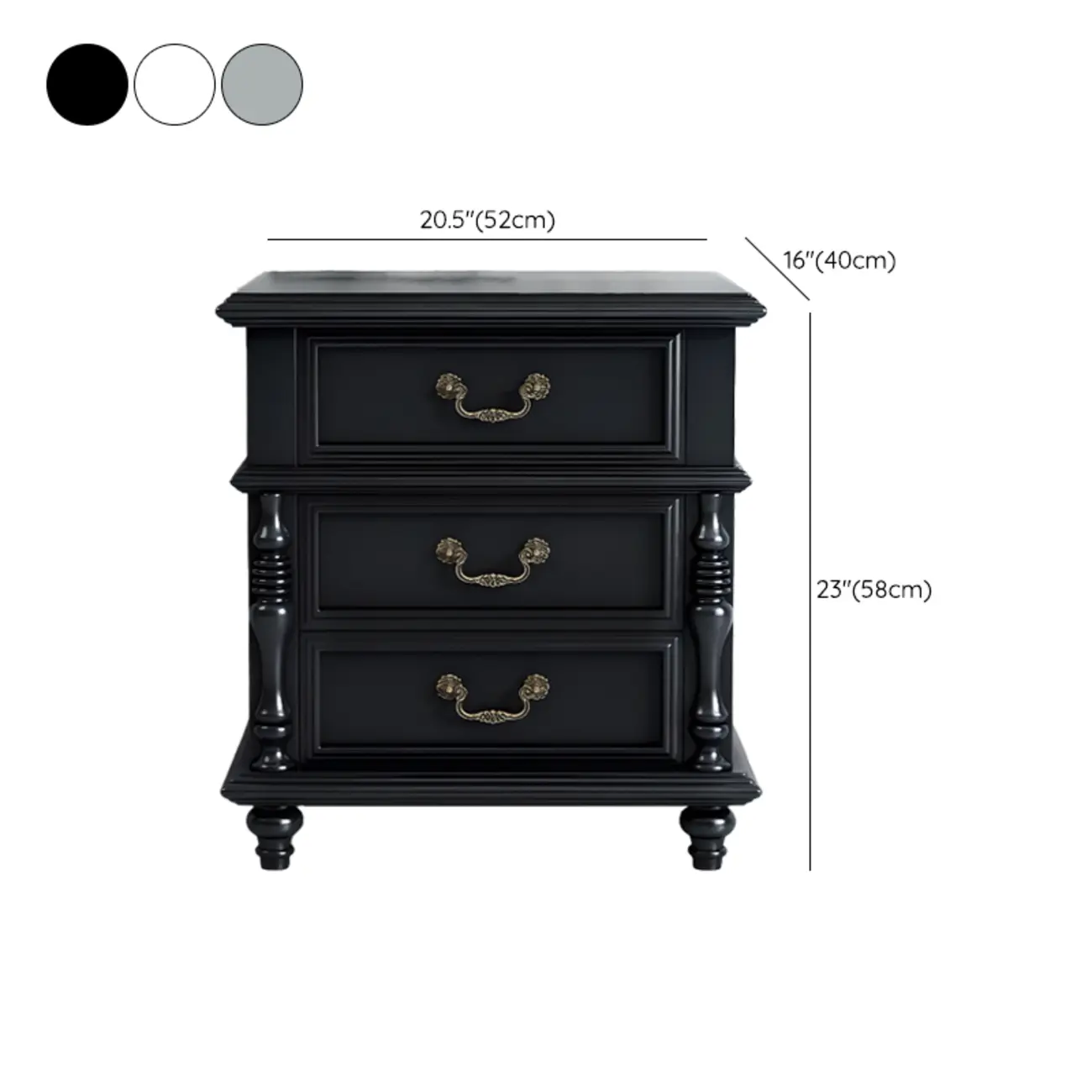 Elegant White Wood Bedside Table with 3 Storage Drawers #size