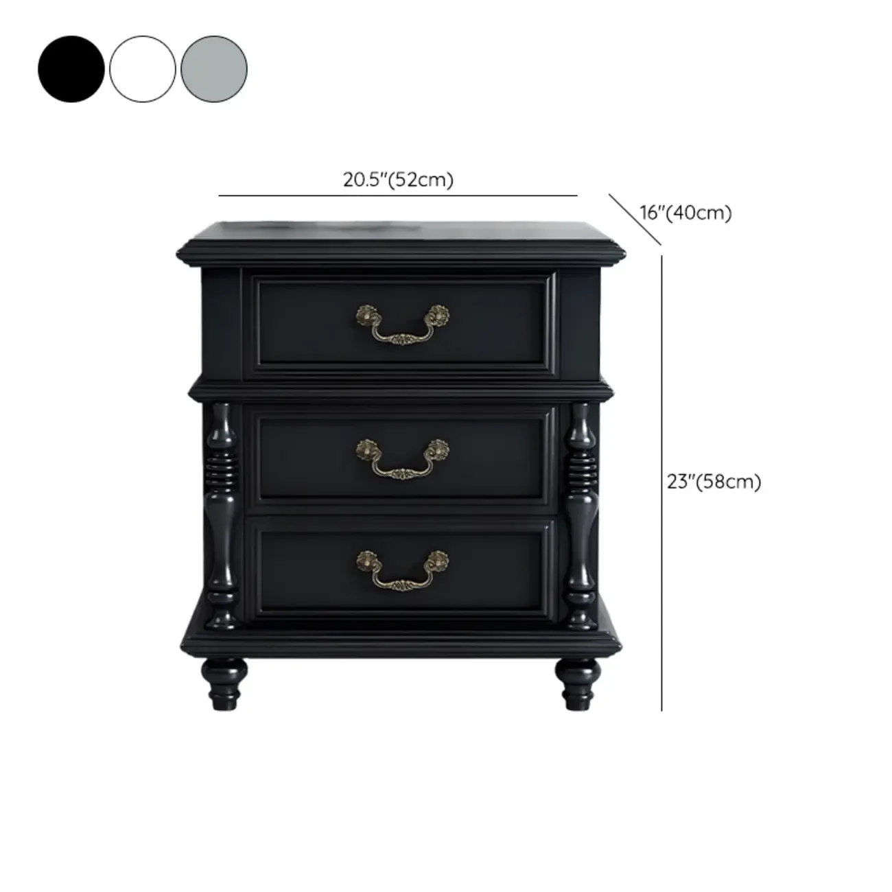 Elegant White Wood Bedside Table with 3 Storage Drawers #size