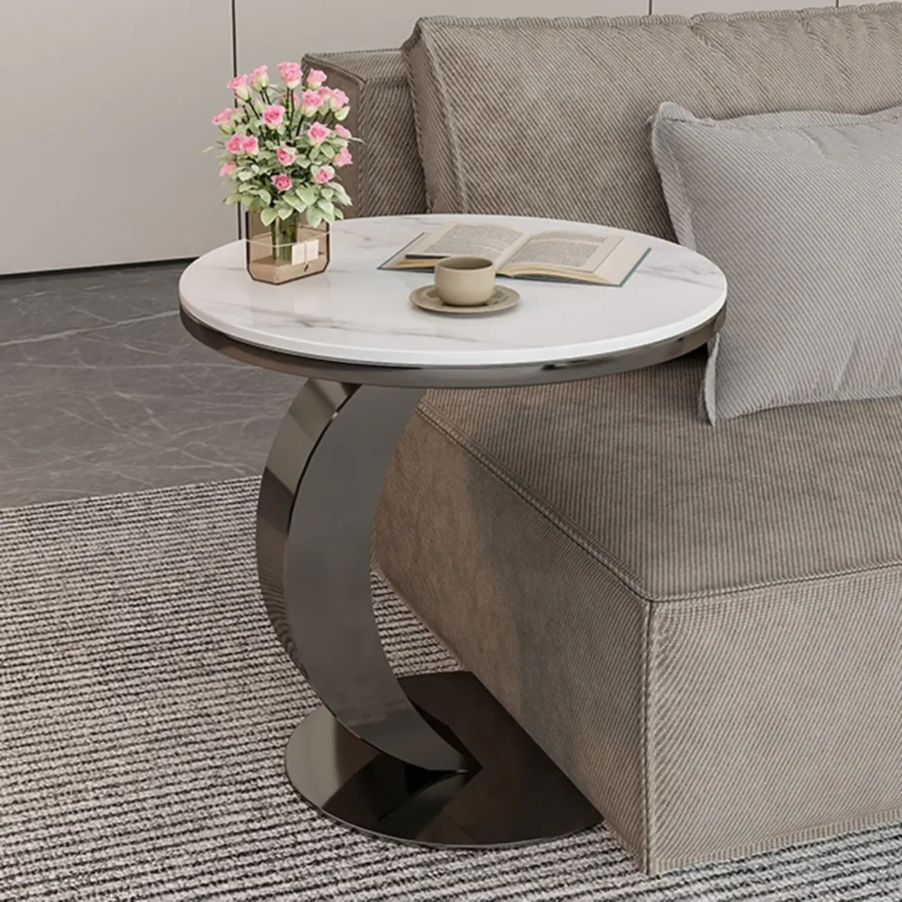 Modern C Table Round Marble Side Table for Living Room Image - 3
