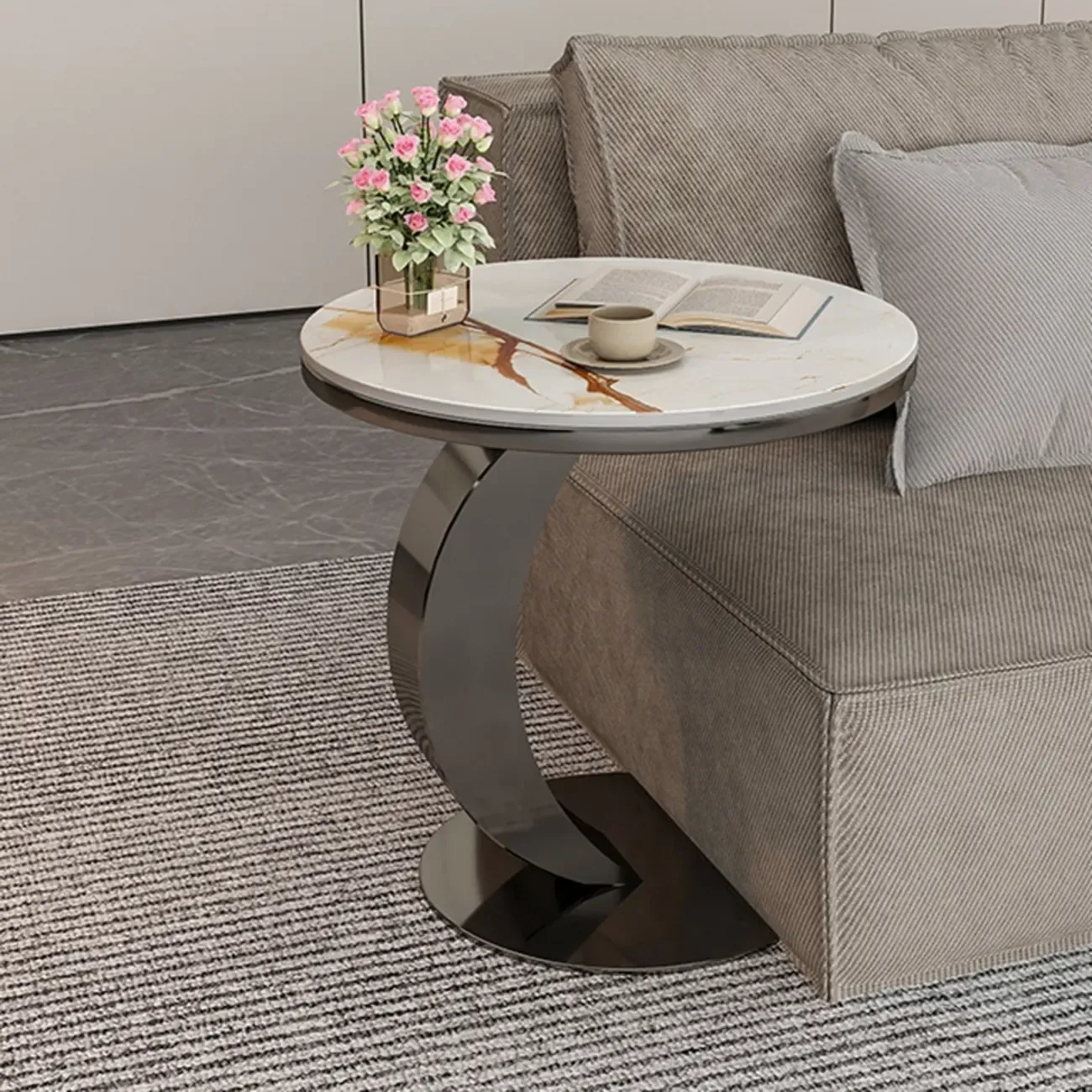 Modern C Table Round Marble Side Table for Living Room Image - 4