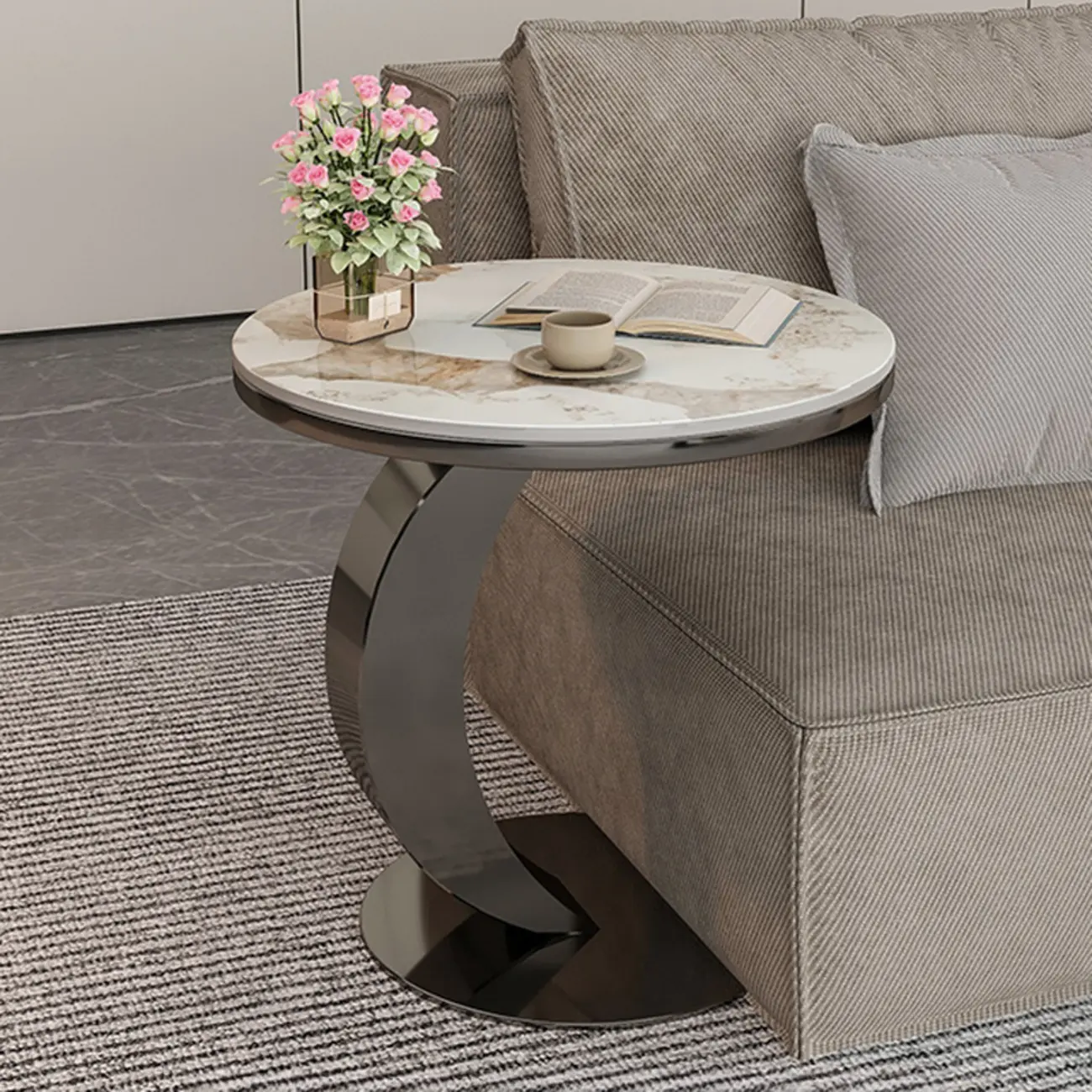 Modern C Table Round Marble Side Table for Living Room Image - 7 | homeyfad