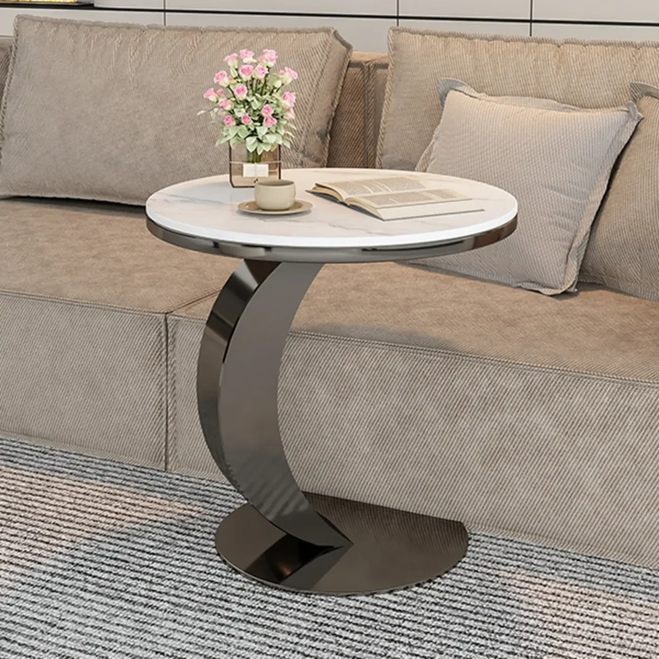 Modern C Table Round Marble Side Table for Living Room Image - 8