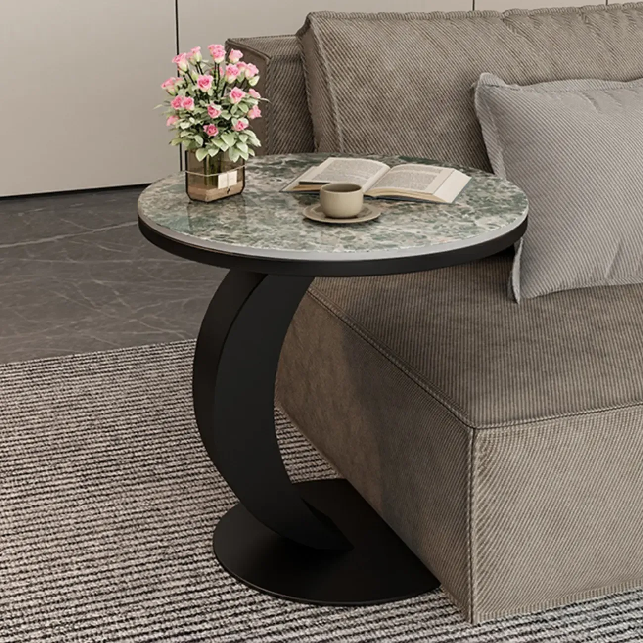 Modern C Table Round Marble Side Table for Living Room Image - 14