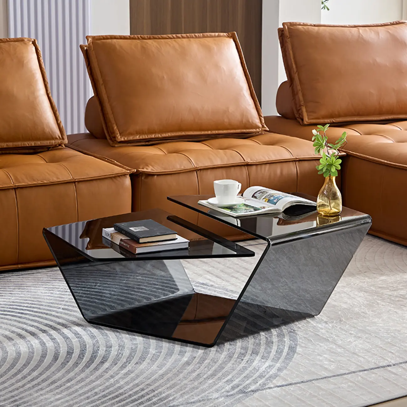 Modern Glass Black Geometric Coffee Table with Free Form Image - 1 | homeyfad