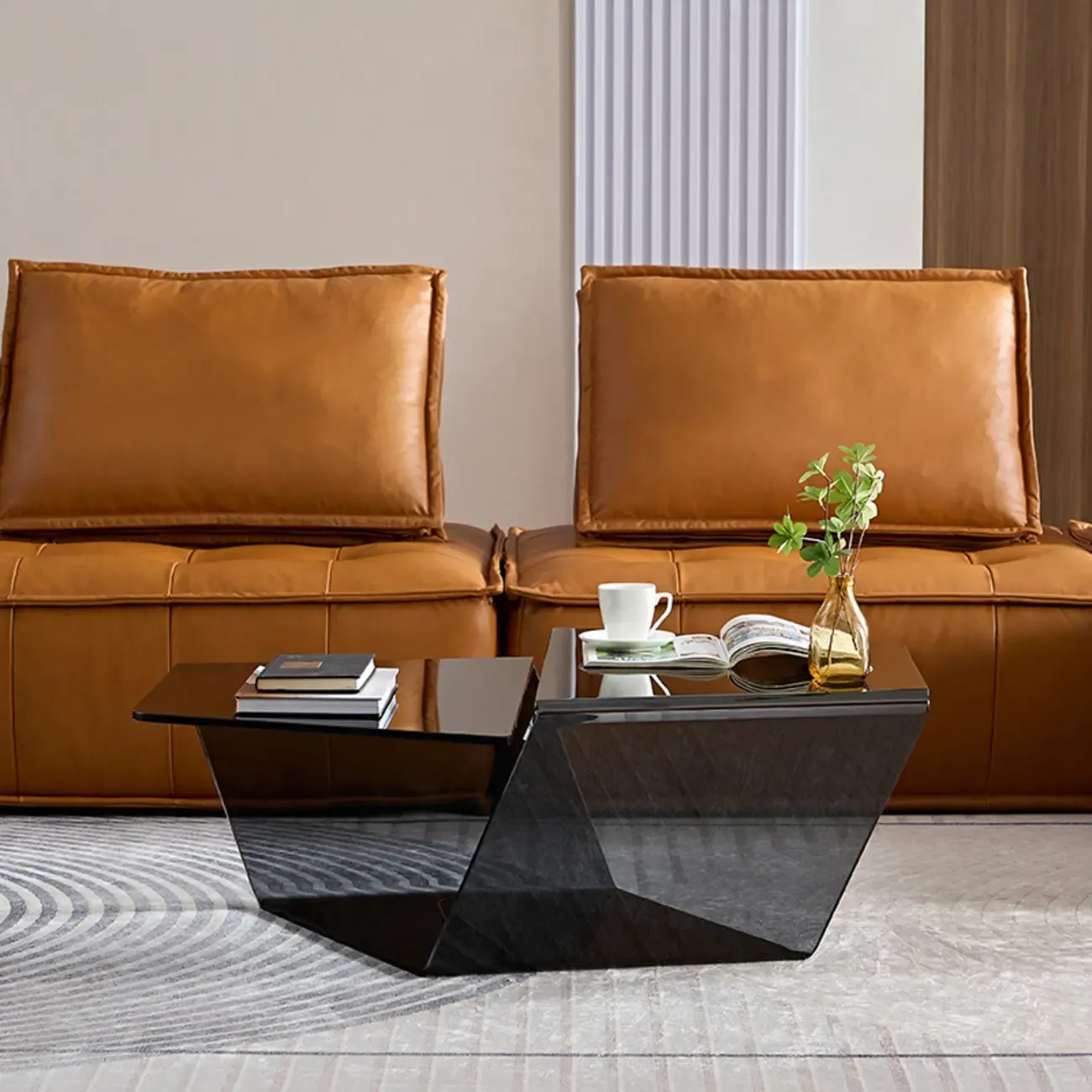 Modern Glass Black Geometric Coffee Table with Free Form Image - 2