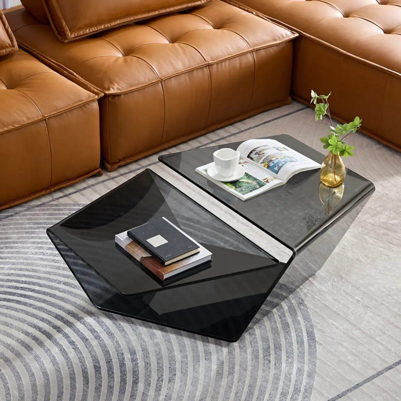 Modern Glass Black Geometric Coffee Table with Free Form Image - 3