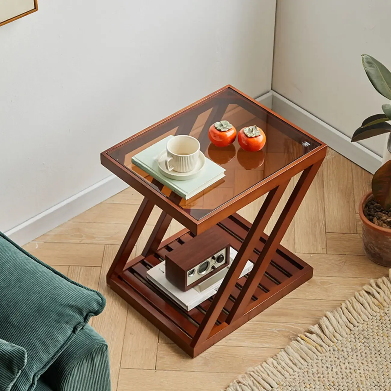 2-Tier Small Wood Side Table with Glass Top for Living Room Image - 2