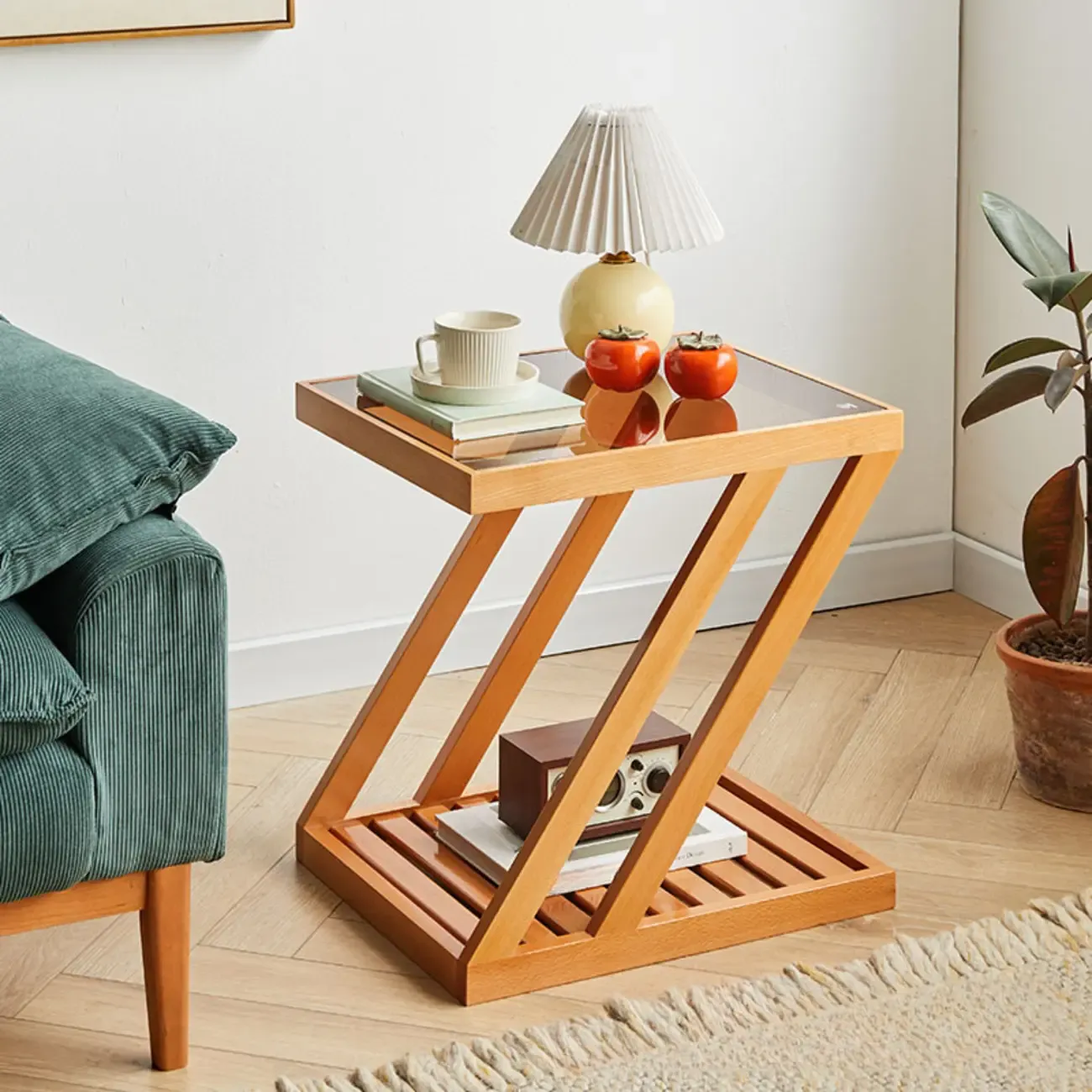 2-Tier Small Wood Side Table with Glass Top for Living Room Image - 3