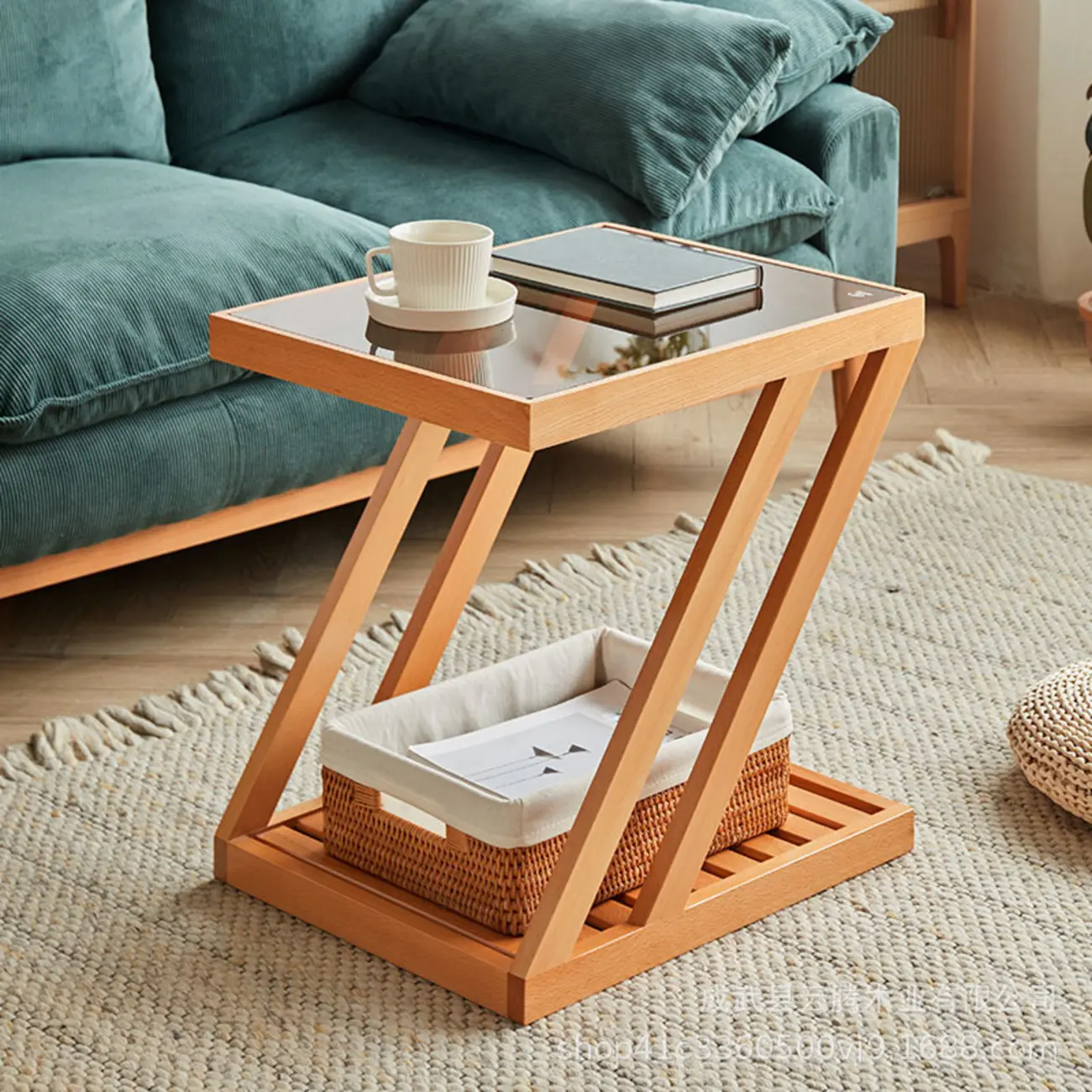 2-Tier Small Wood Side Table with Glass Top for Living Room Image - 4 | homeyfad