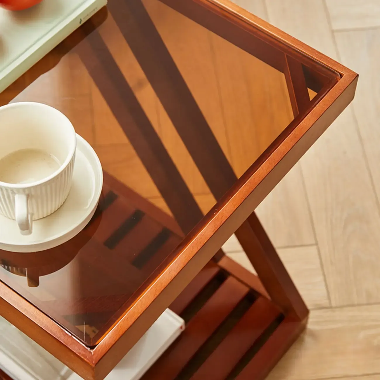 2-Tier Small Wood Side Table with Glass Top for Living Room Image - 6