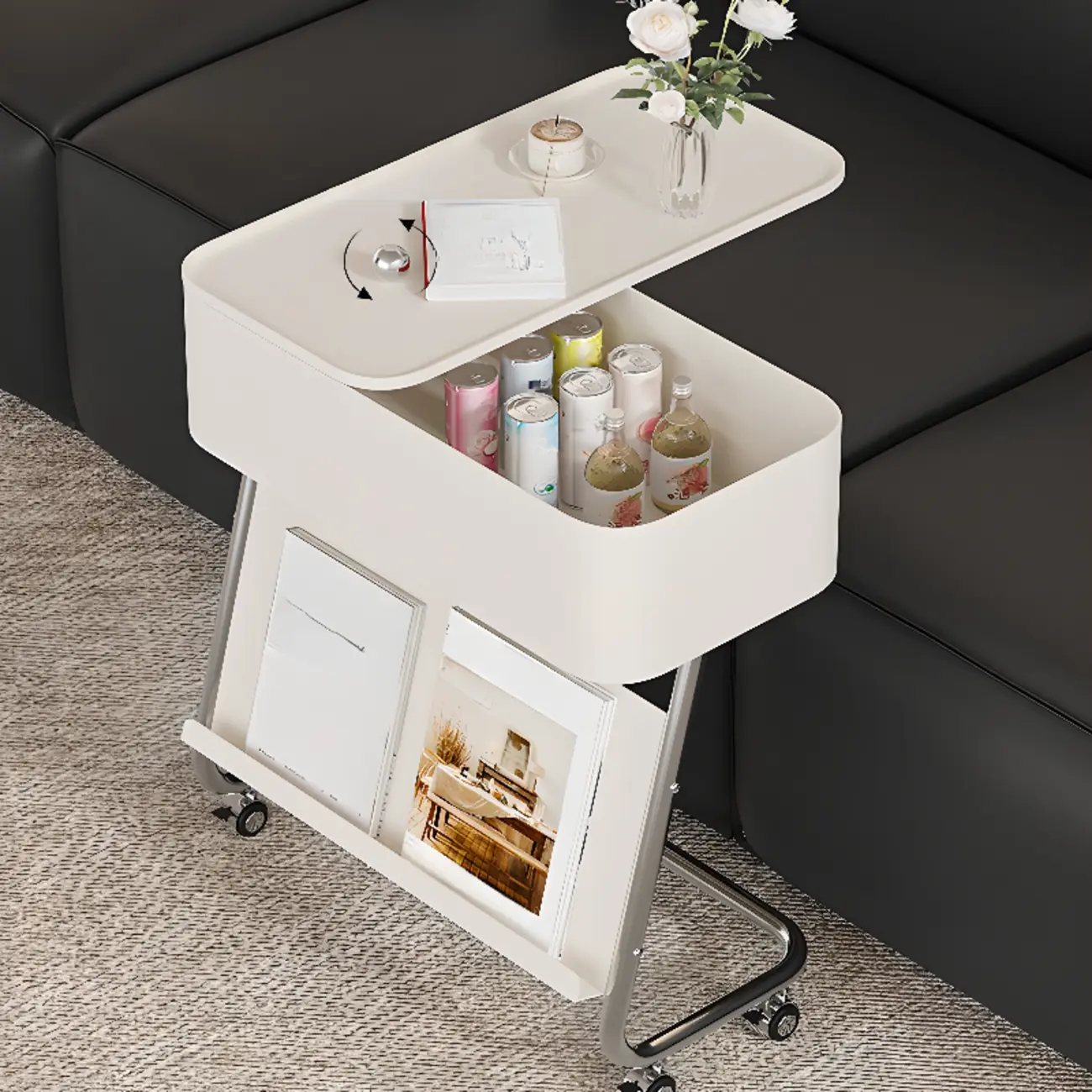 Rolling Metal Storage C-Shaped Side Table with Magazine Rack Image - 1 | homeyfad