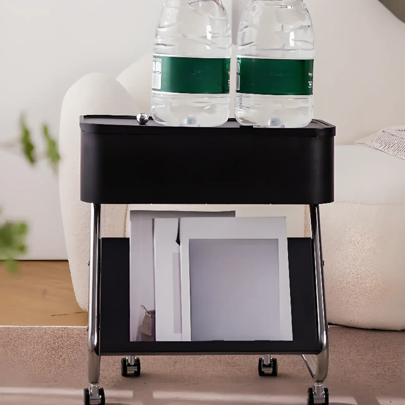 Rolling Metal Storage C-Shaped Side Table with Magazine Rack Image - 3