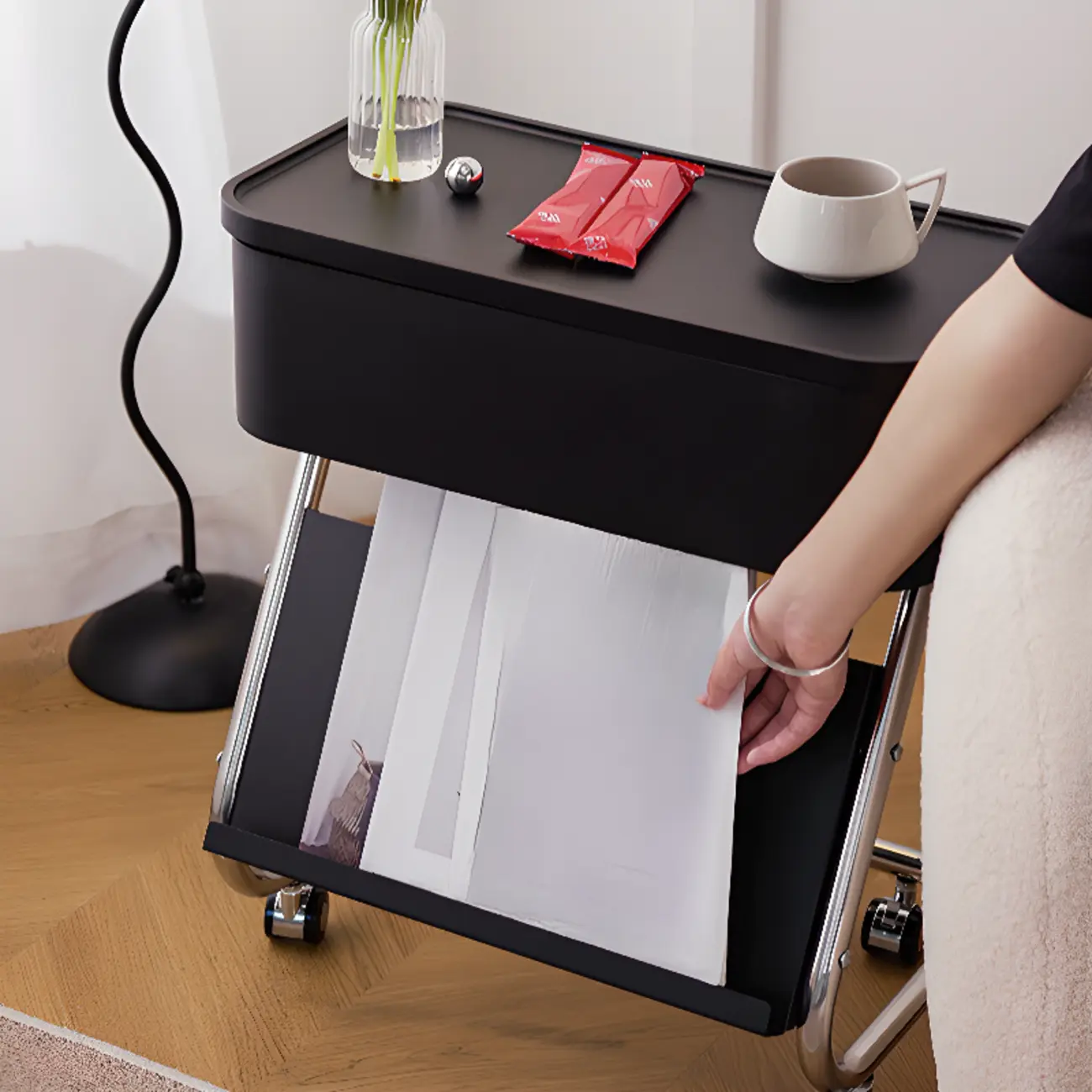 Rolling Metal Storage C-Shaped Side Table with Magazine Rack Image - 4 | homeyfad