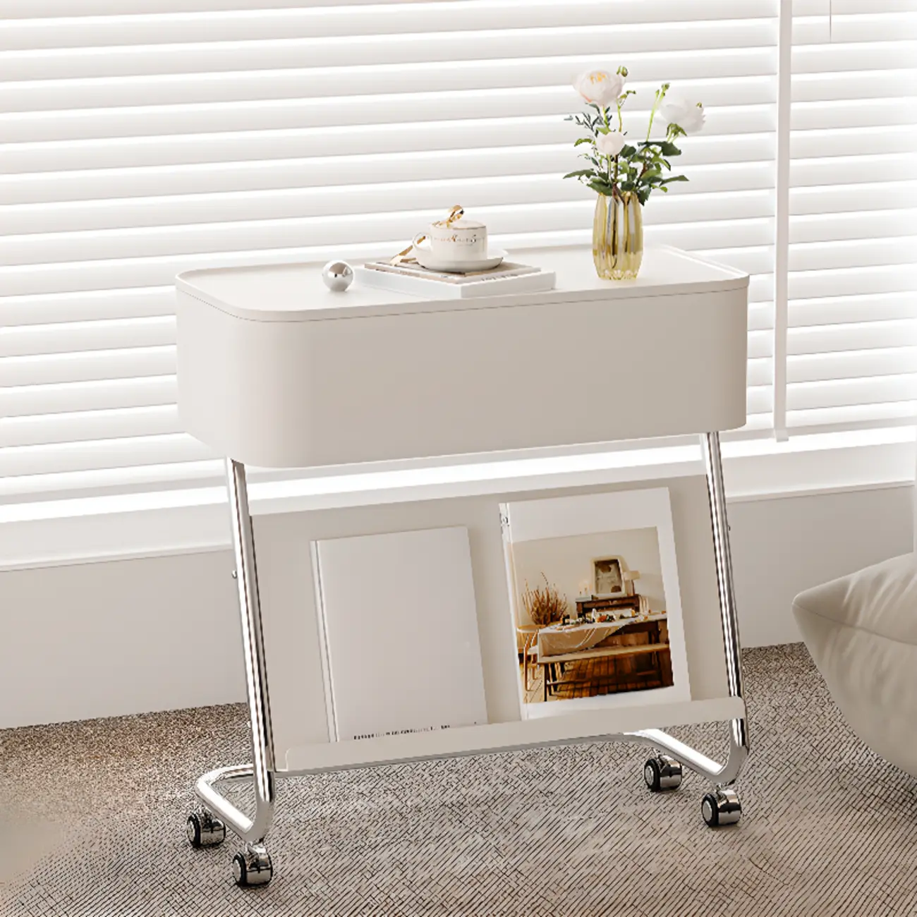Rolling Metal Storage C-Shaped Side Table with Magazine Rack Image - 7 | homeyfad