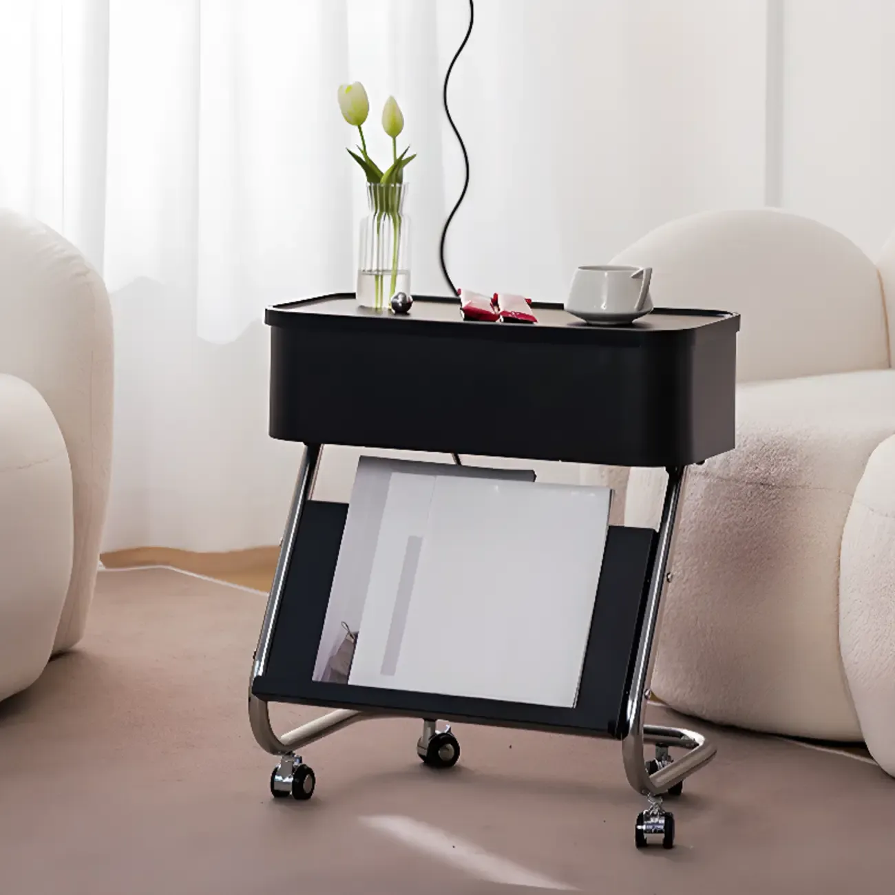 Rolling Metal Storage C-Shaped Side Table with Magazine Rack Image - 8
