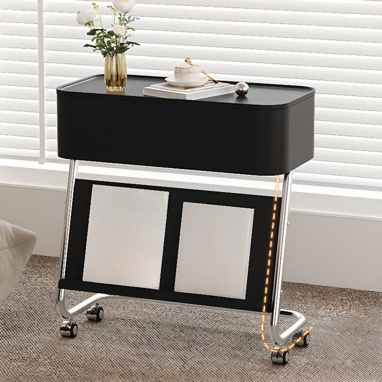 Rolling Metal Storage C-Shaped Side Table with Magazine Rack Image - 9 | homeyfad