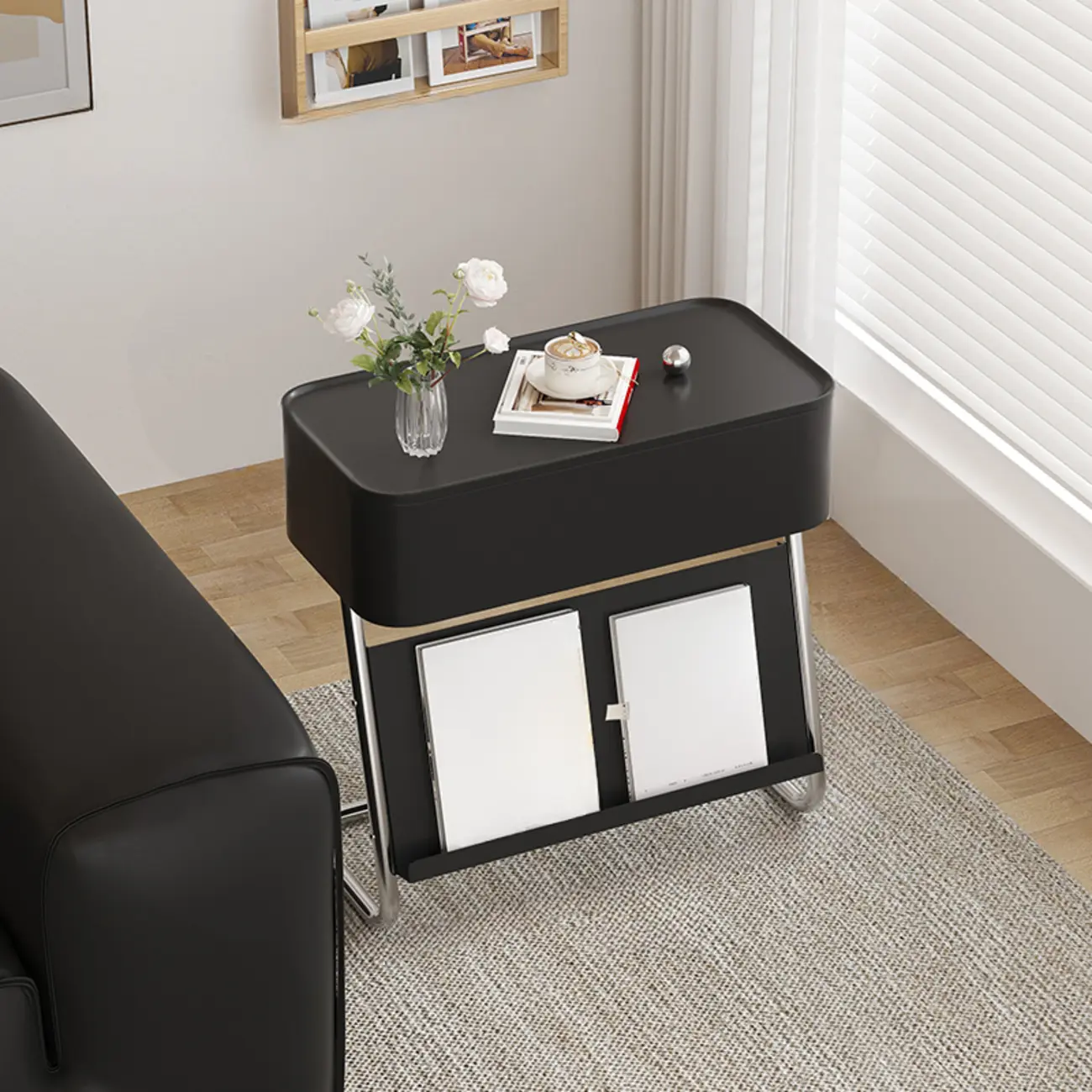 Rolling Metal Storage C-Shaped Side Table with Magazine Rack Image - 10 | homeyfad