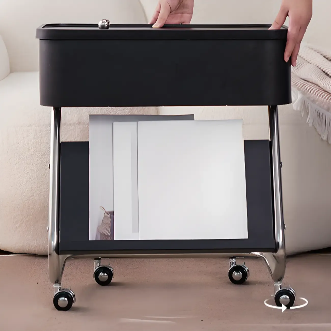 Rolling Metal Storage C-Shaped Side Table with Magazine Rack Image - 11