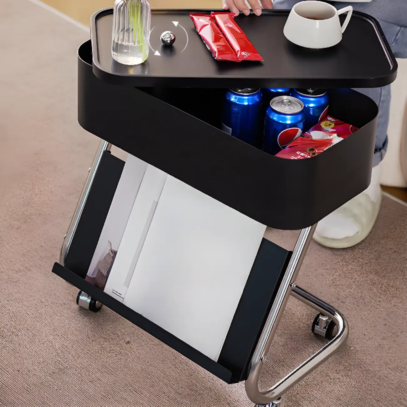 Rolling Metal Storage C-Shaped Side Table with Magazine Rack Image - 13