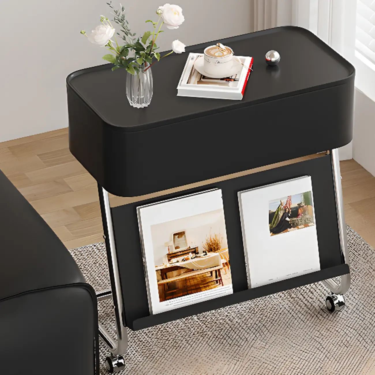 Rolling Metal Storage C-Shaped Side Table with Magazine Rack Image - 14