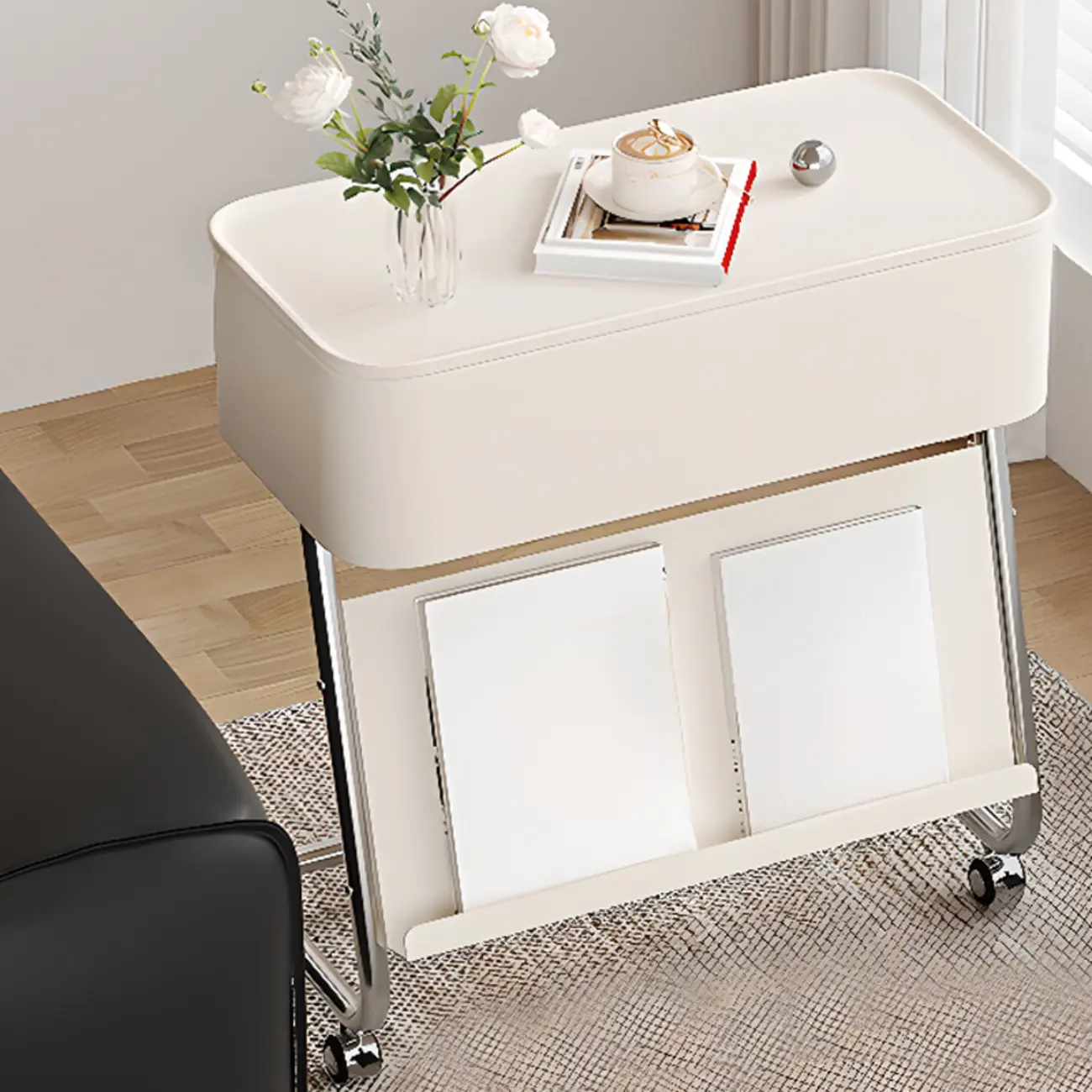 Rolling Metal Storage C-Shaped Side Table with Magazine Rack Image - 15 | homeyfad