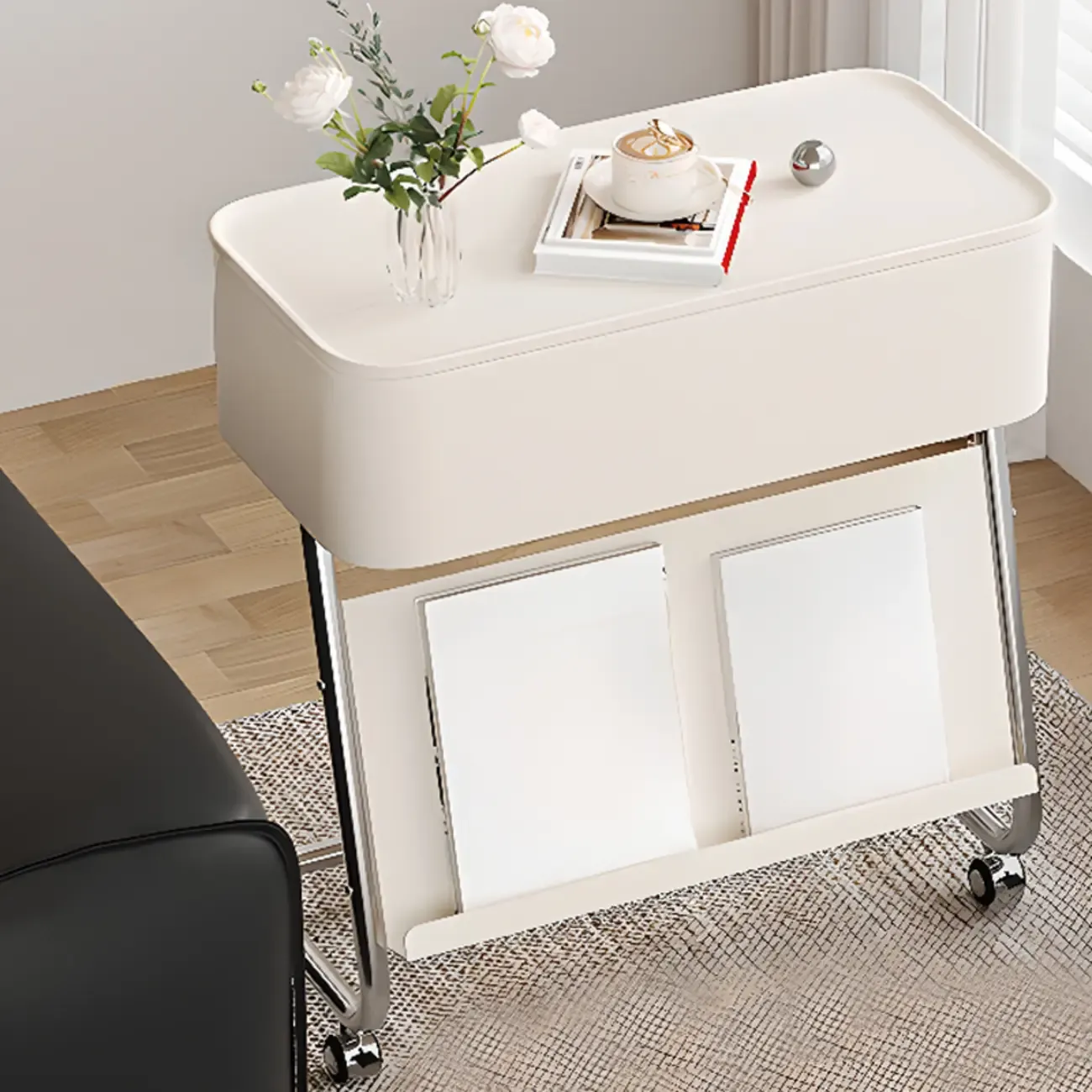 Rolling Metal Storage C-Shaped Side Table with Magazine Rack Image - 15