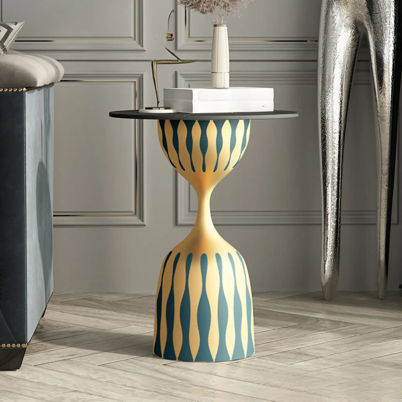Pedestal Art Deco Round Marble Side Table for Living Room Image - 2 | homeyfad
