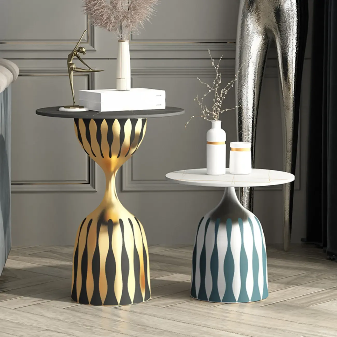 Pedestal Art Deco Round Marble Side Table for Living Room Image - 3