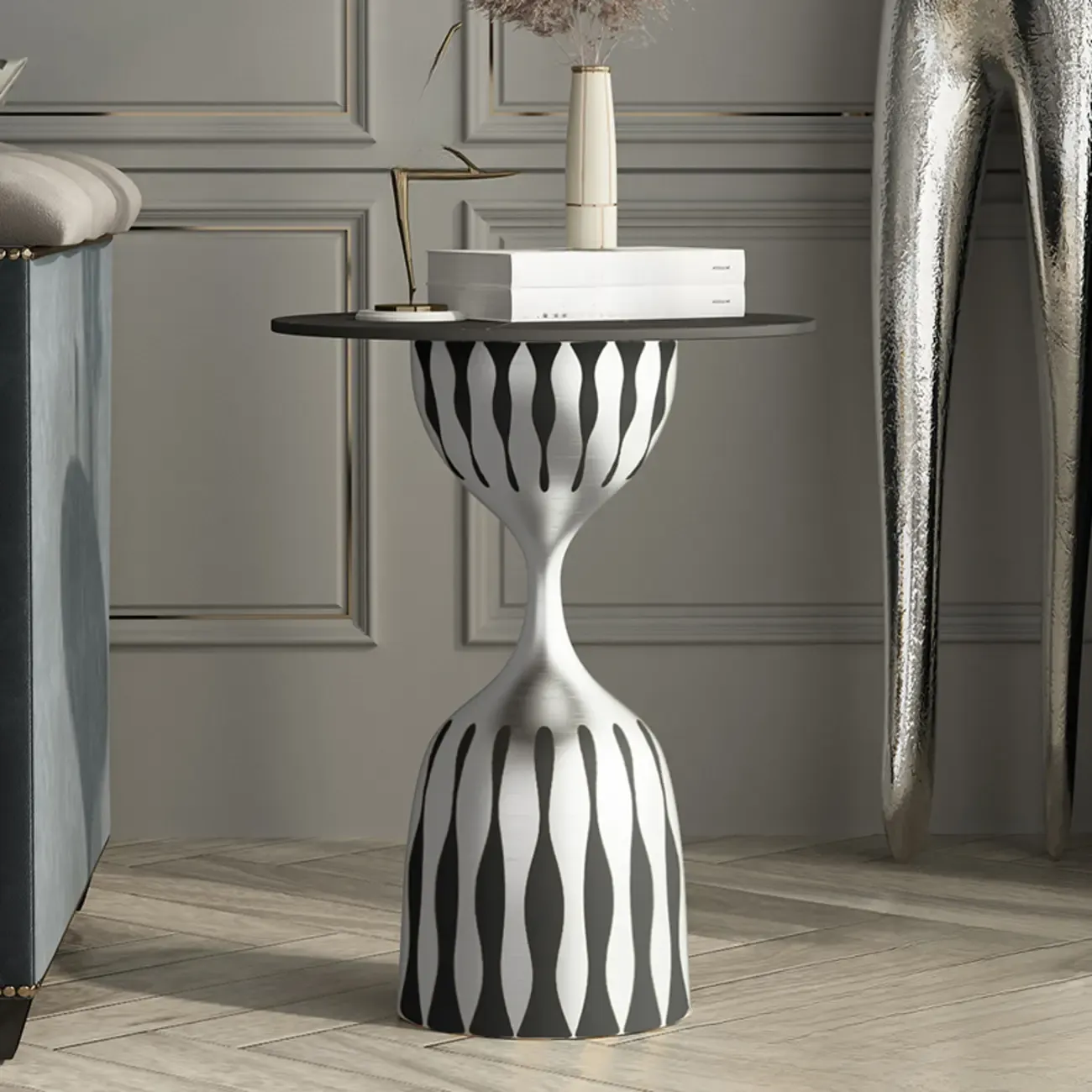 Pedestal Art Deco Round Marble Side Table for Living Room Image - 4