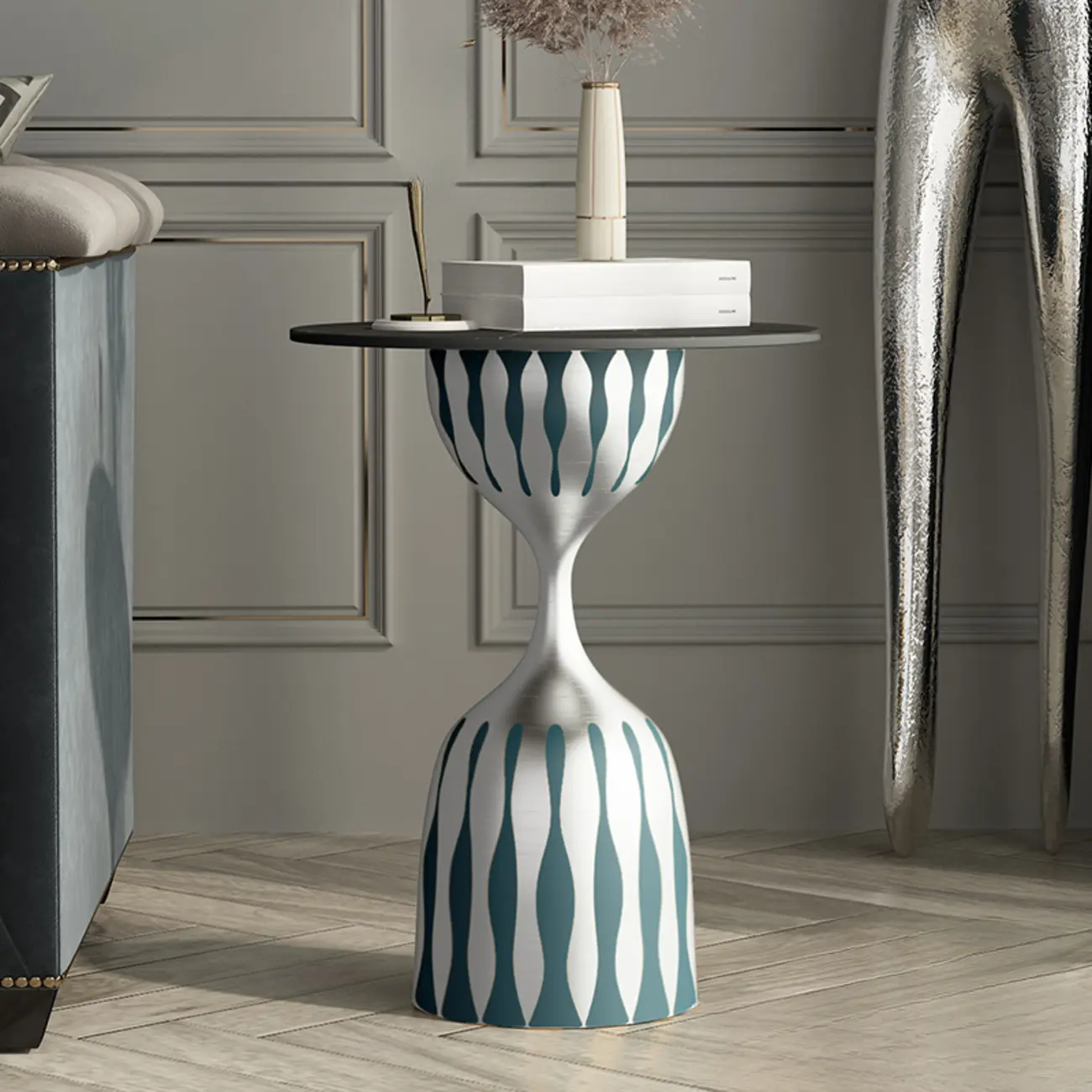 Pedestal Art Deco Round Marble Side Table for Living Room Image - 6 | homeyfad