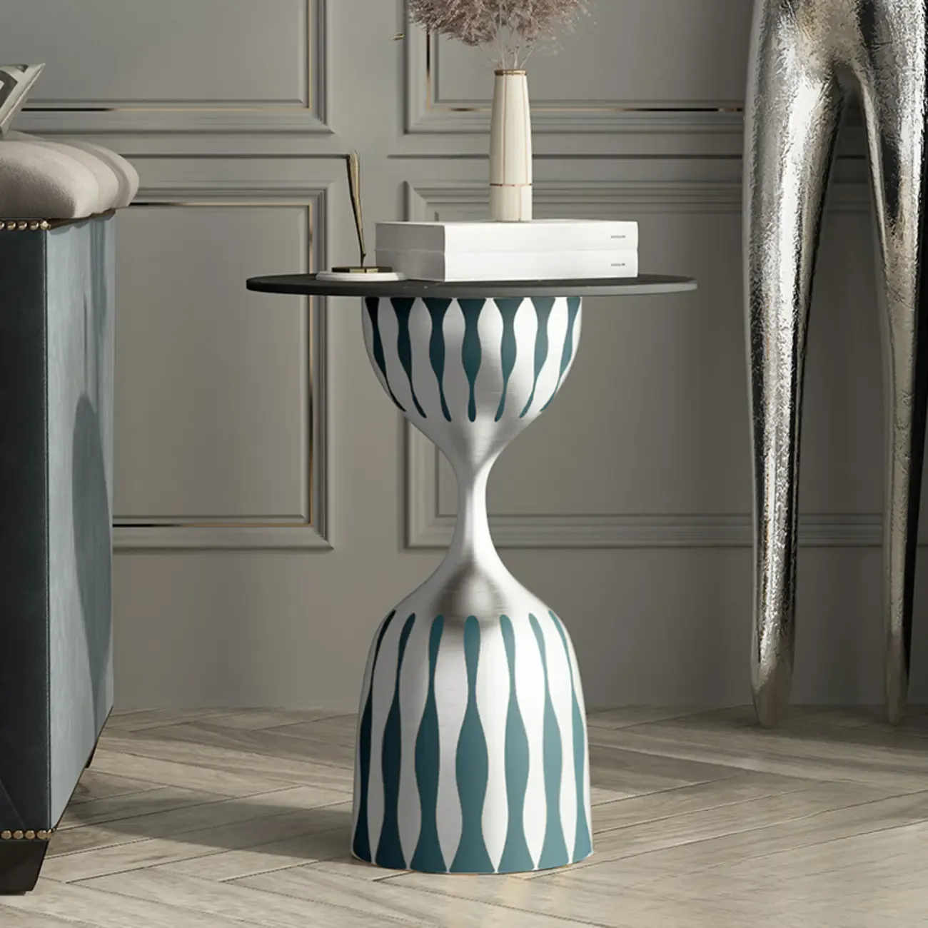 Pedestal Art Deco Round Marble Side Table for Living Room Image - 6