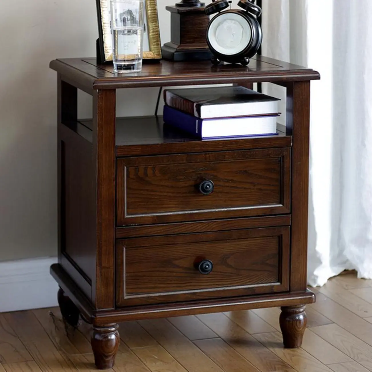 Traditional Brown Wood Nightstand with Drawers and Open Storage Image - 1 | homeyfad