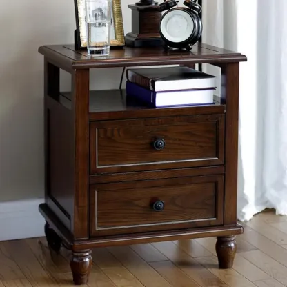 Traditional Brown Wood Nightstand with Drawers and Open Storage Image - 1