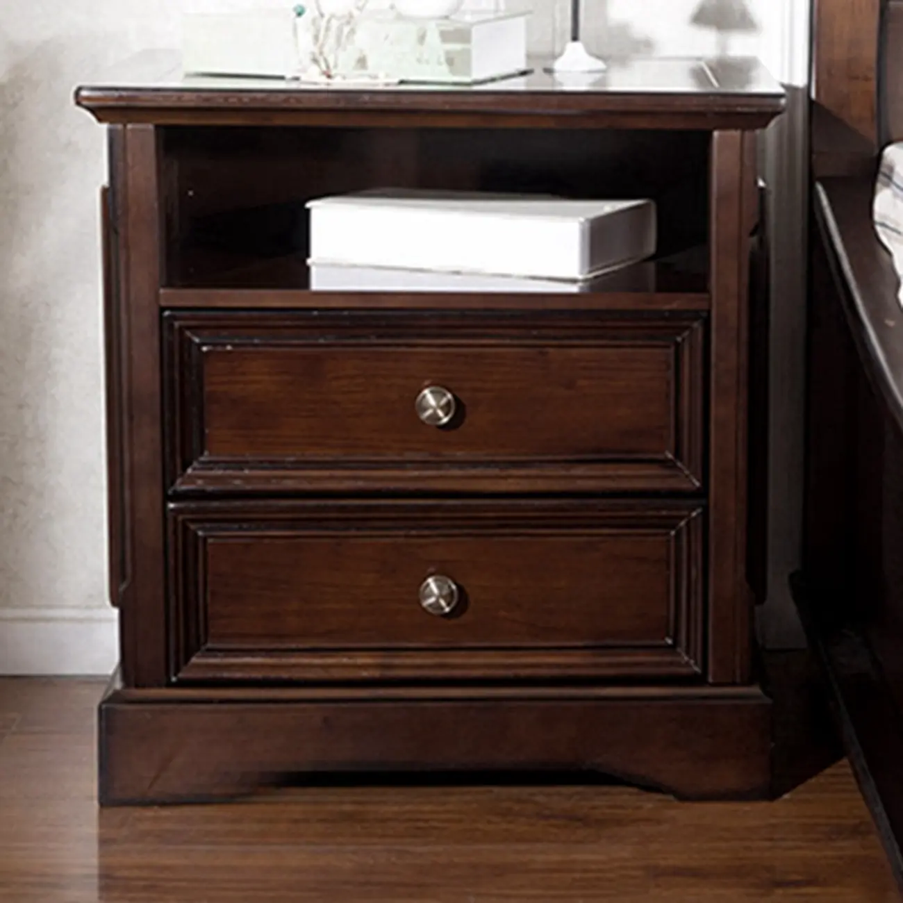 Traditional Brown Wood Nightstand with Drawers and Open Storage Image - 4 | homeyfad
