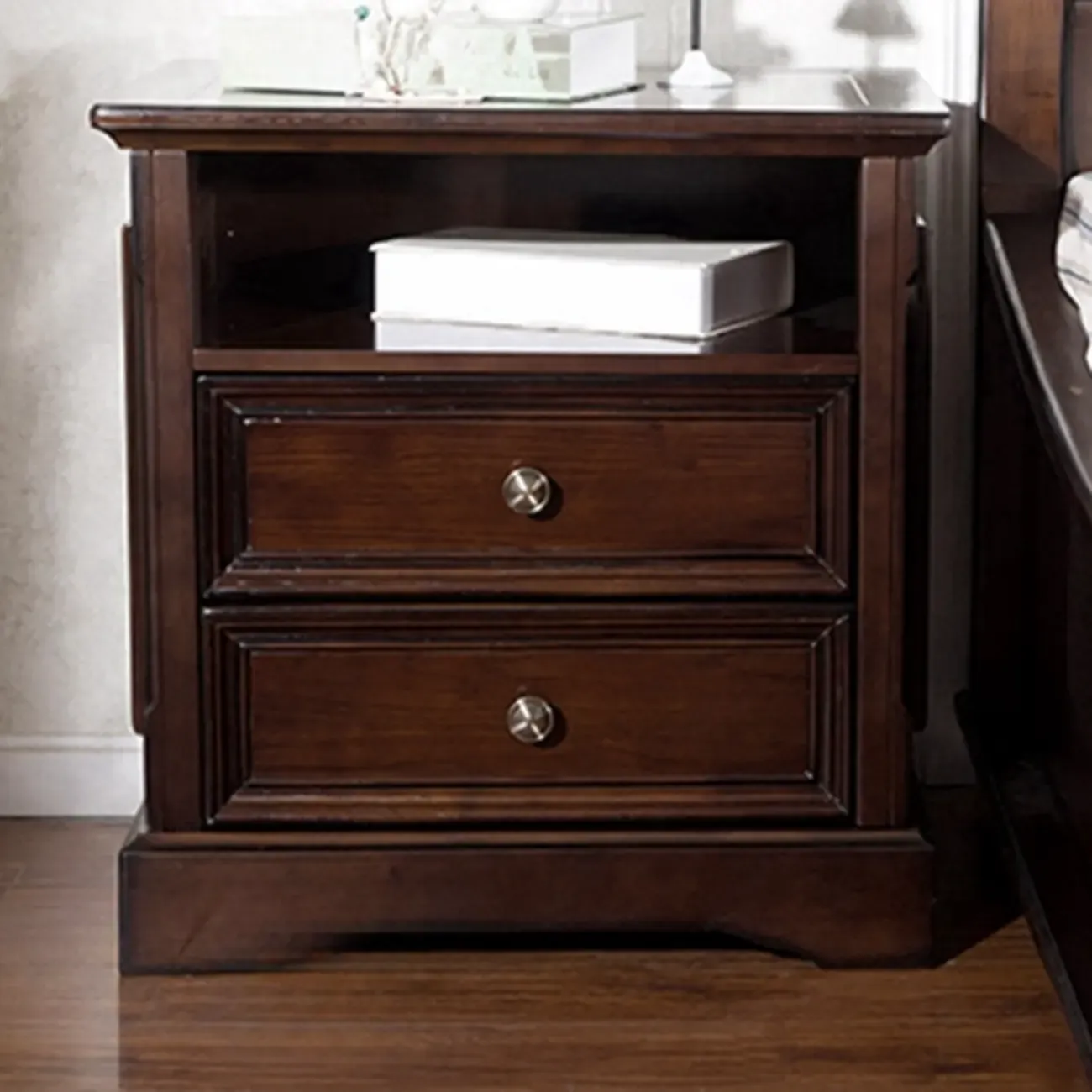 Traditional Brown Wood Nightstand with Drawers and Open Storage Image - 4
