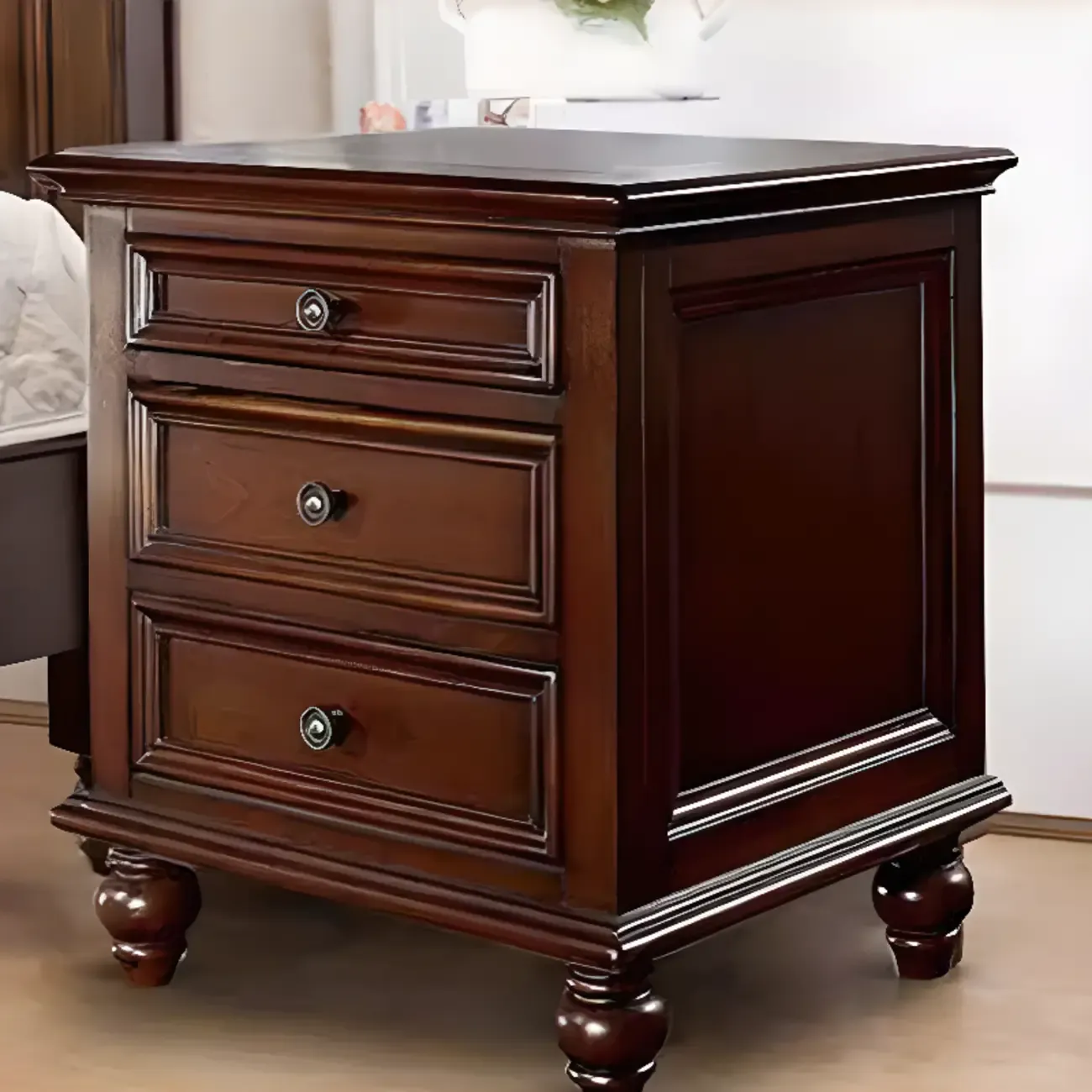Traditional Brown Wood Nightstand with Drawers and Open Storage Image - 5