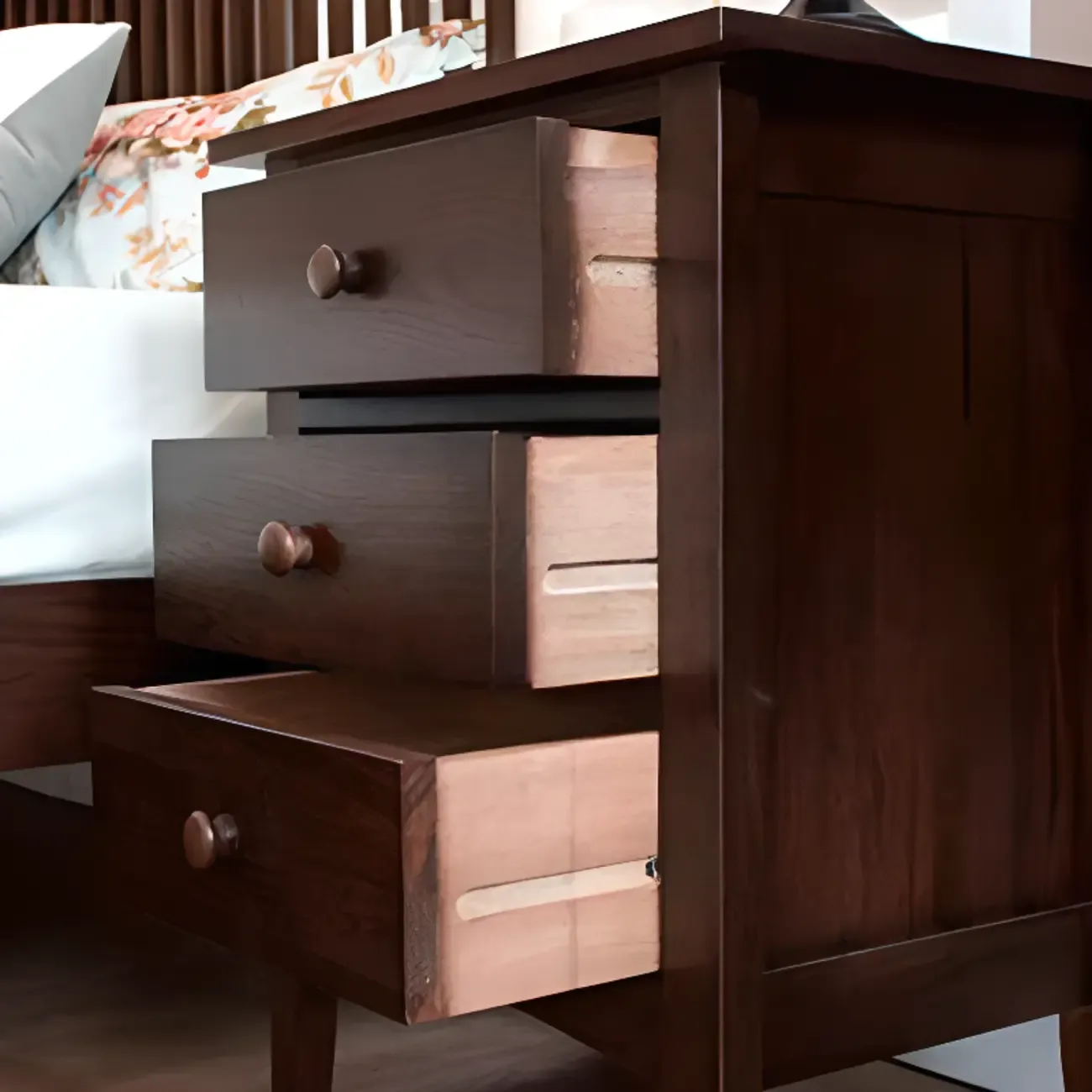 Traditional Brown Wood Nightstand with Drawers and Open Storage Image - 8