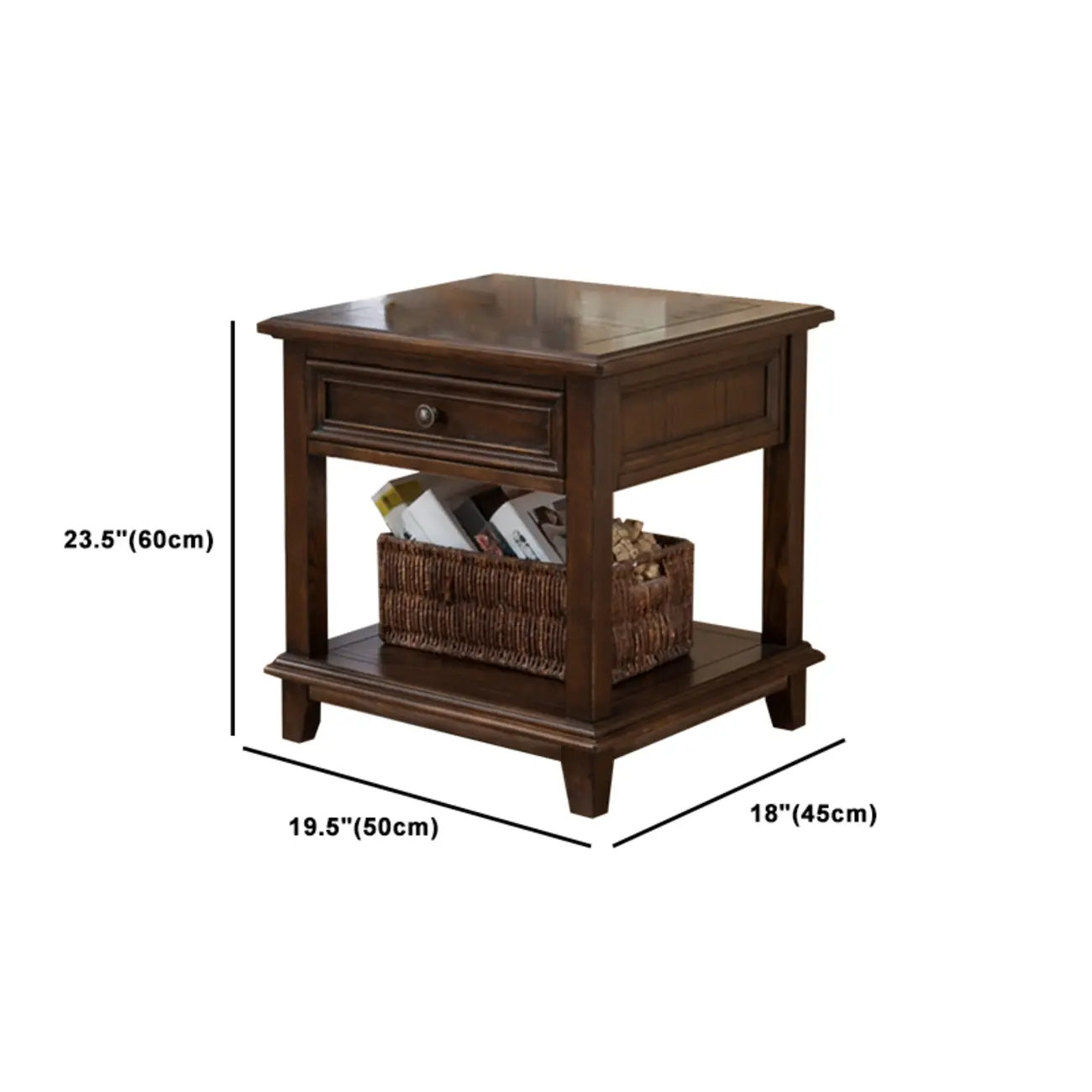 Traditional Brown Wood Nightstand with Drawers and Open Storage #size