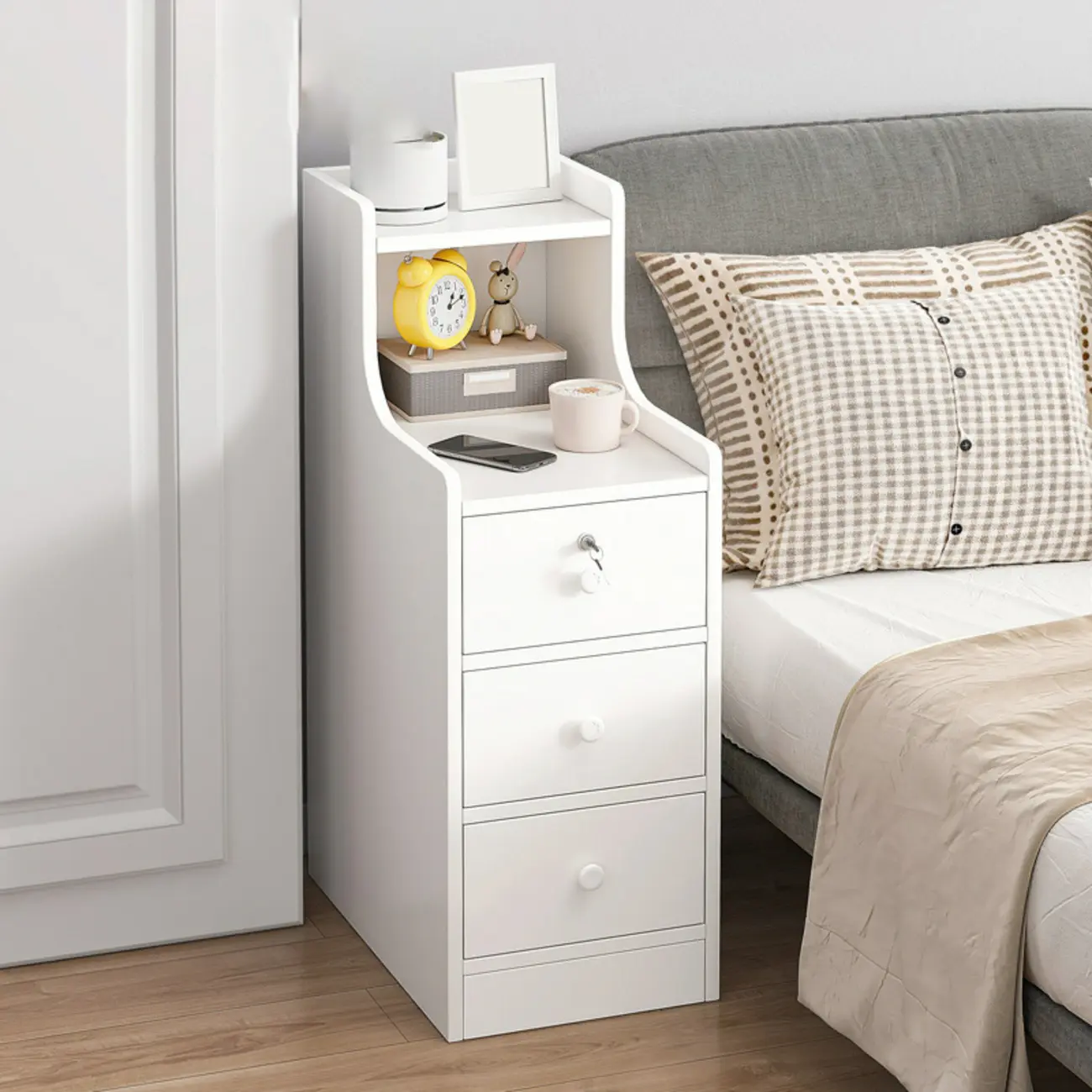 White Slim Corner Nightstand with Open Storage and Drawers Image - 1 | homeyfad