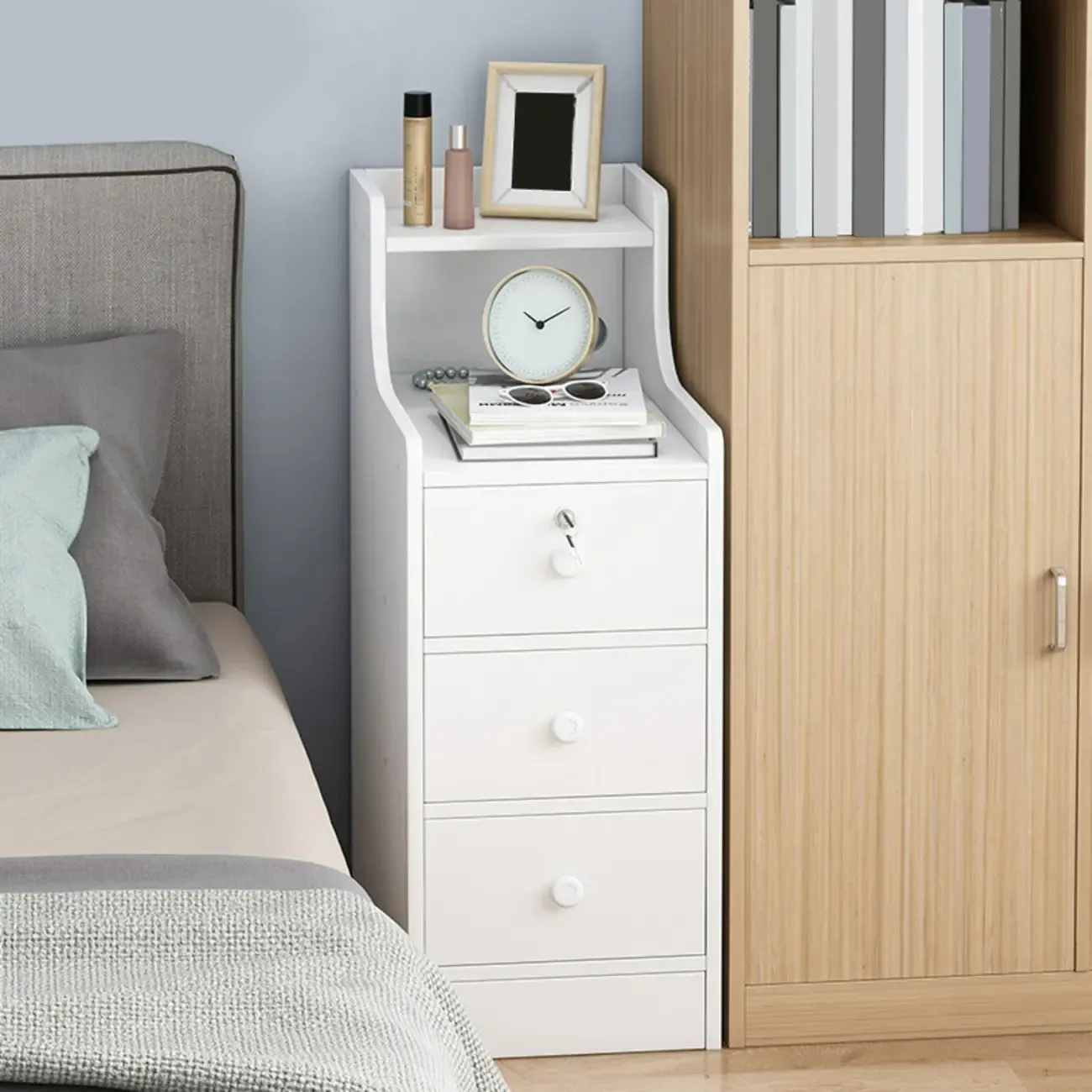 White Narrow Wood Nightstand with Storage & Open Shelf Image - 2