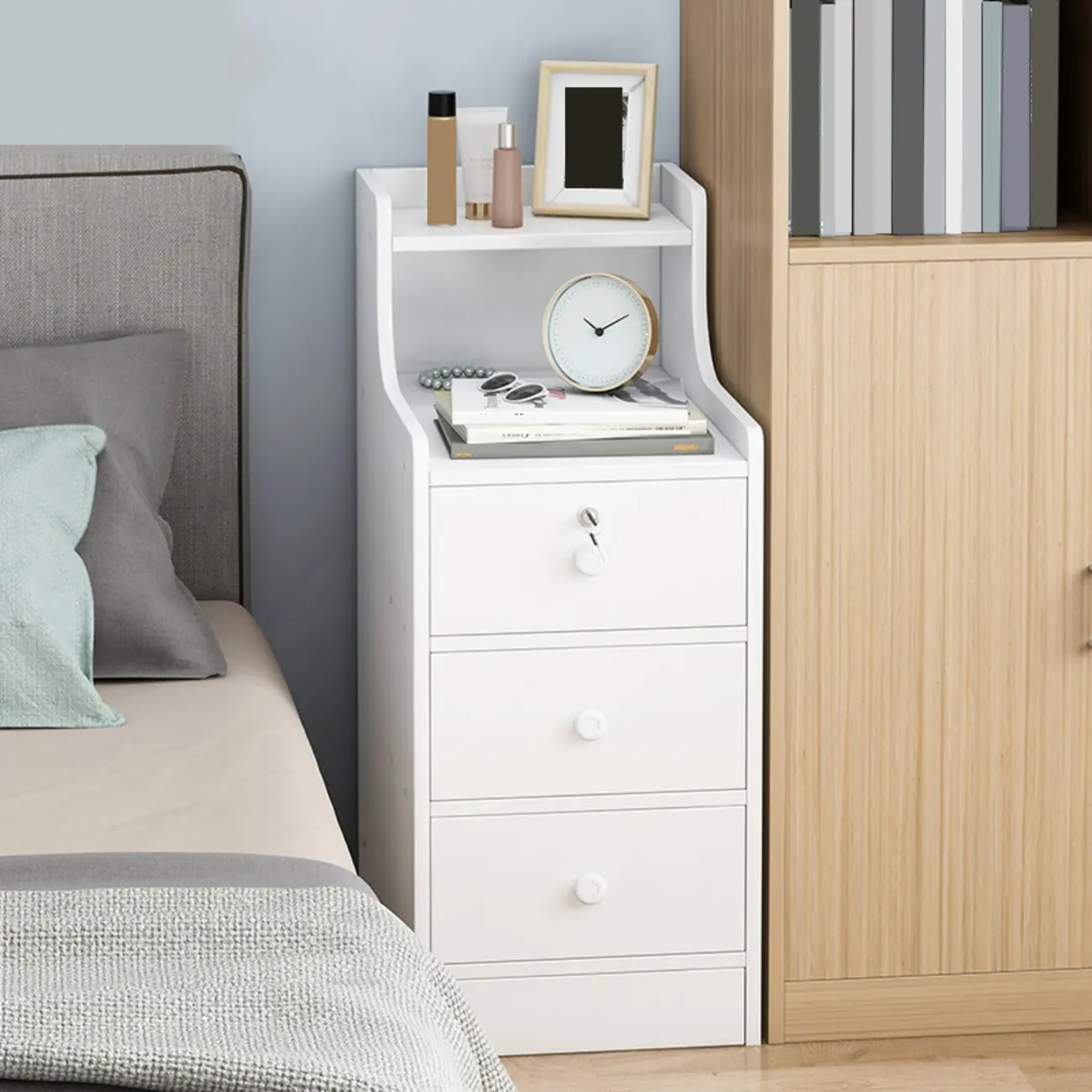 White Narrow Wood Nightstand with Storage & Open Shelf Image - 3 | homeyfad