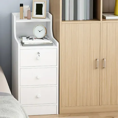 White Narrow Wood Nightstand with Storage & Open Shelf Image - 4