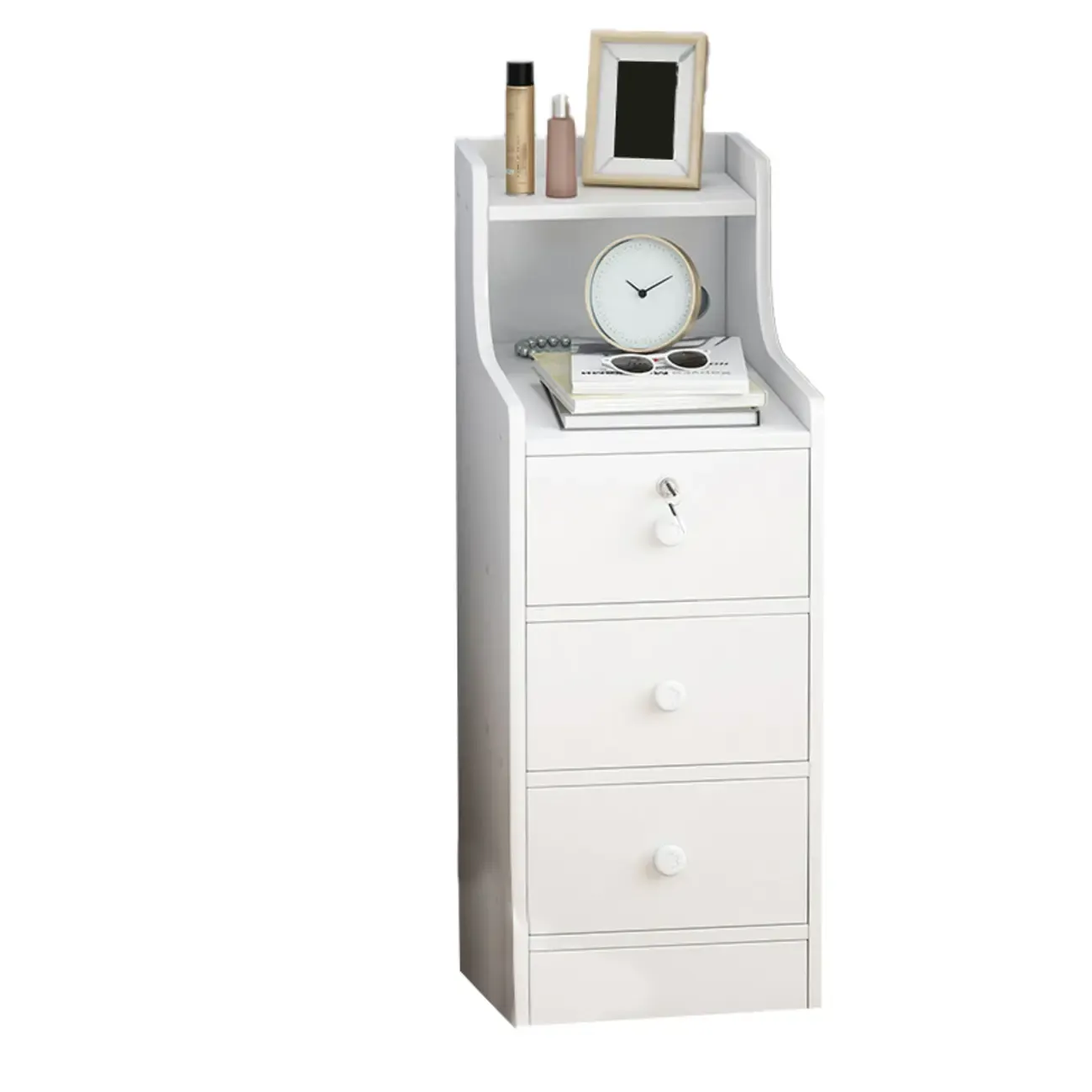 White Narrow Wood Nightstand with Storage & Open Shelf Image - 10