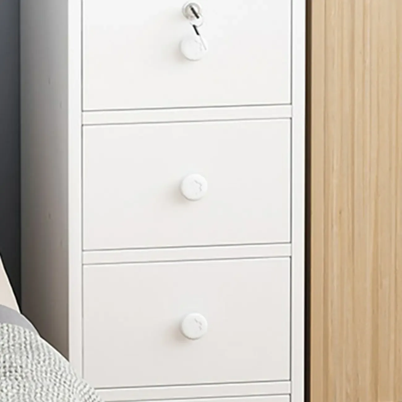 White Narrow Wood Nightstand with Storage & Open Shelf Image - 6