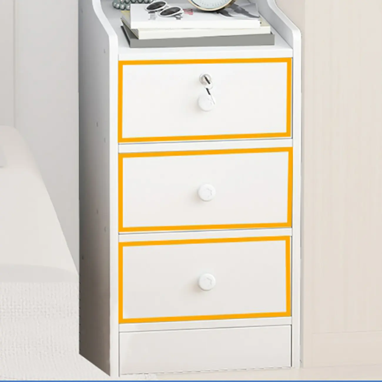White Narrow Wood Nightstand with Storage & Open Shelf Image - 11 | homeyfad