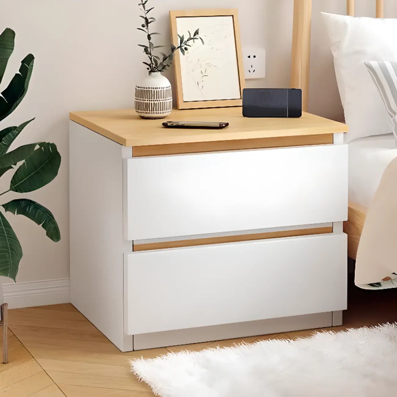 Simplistic White Wooden Bedside Table with 2 Storage Drawers Image - 1 | homeyfad