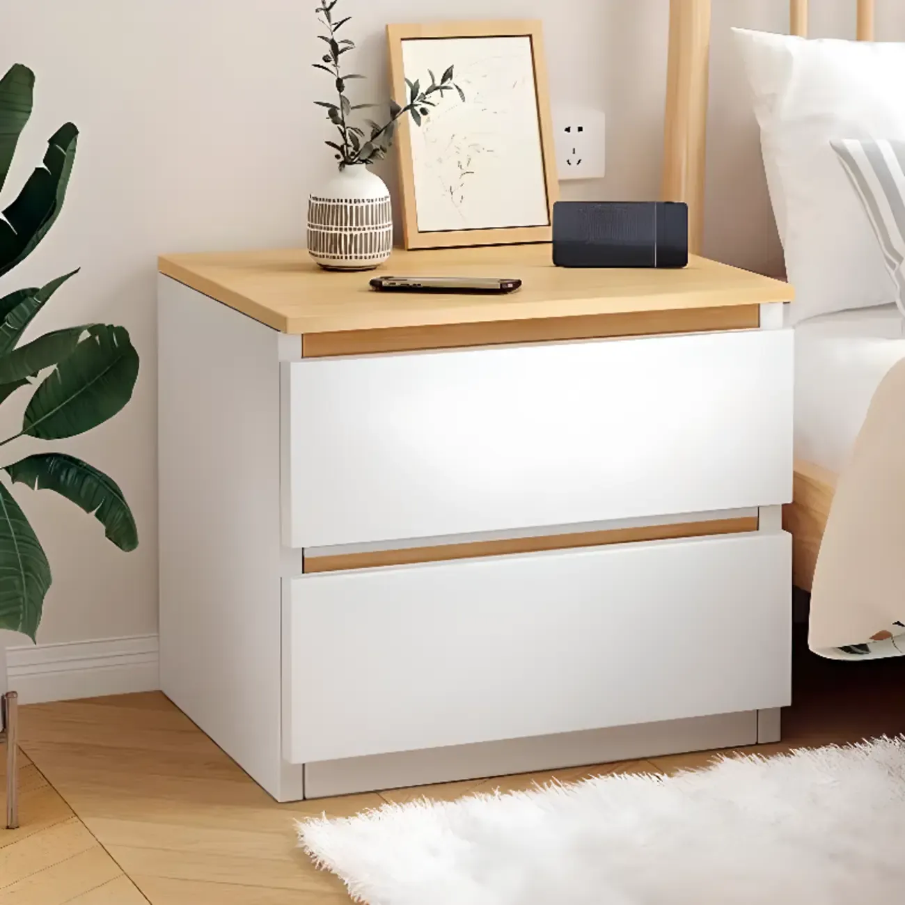 Simplistic White Wooden Bedside Table with 2 Storage Drawers Image - 1