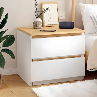 Simplistic White Wooden Bedside Table with 2 Storage Drawers Image - 1