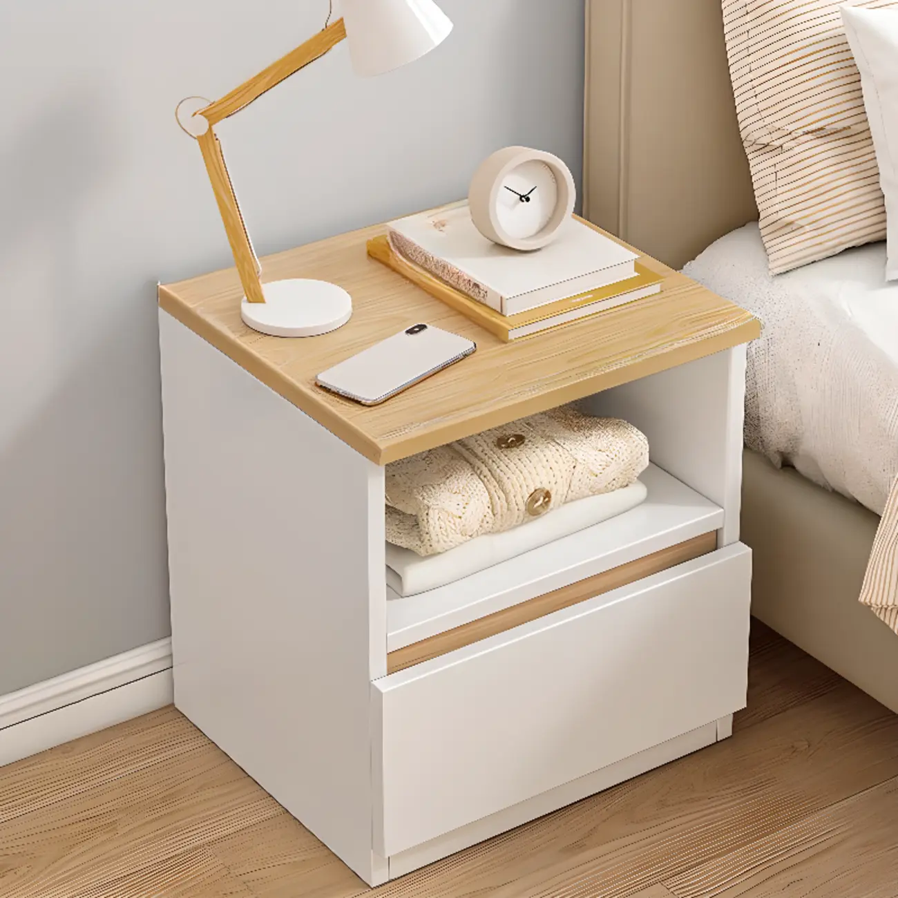 Simplistic White Wooden Bedside Table with 2 Storage Drawers Image - 2 | homeyfad